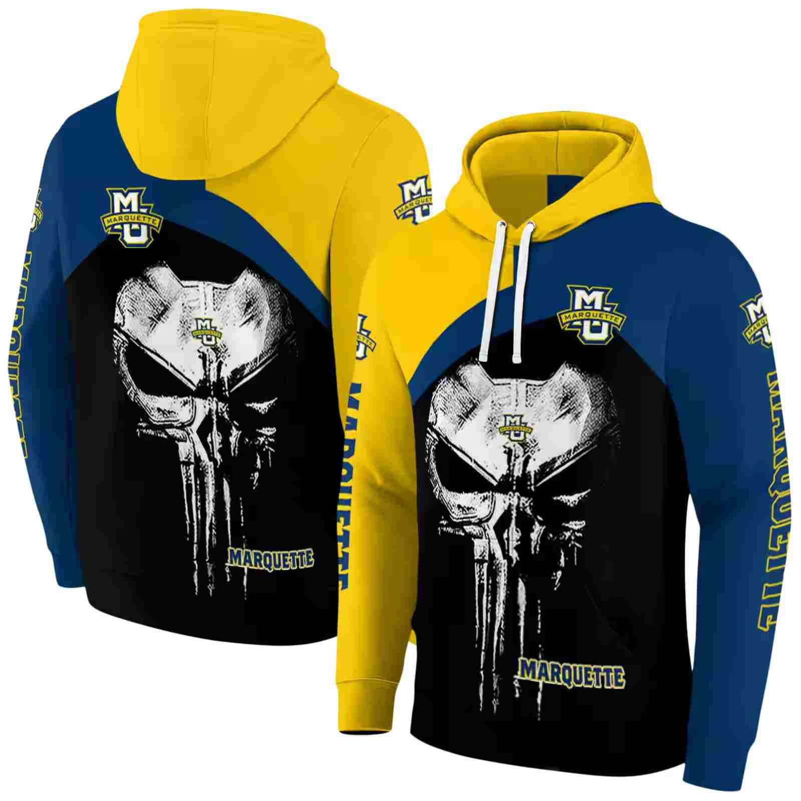 marquette golden eagles skull punisher yellow black hoodie fashion forward