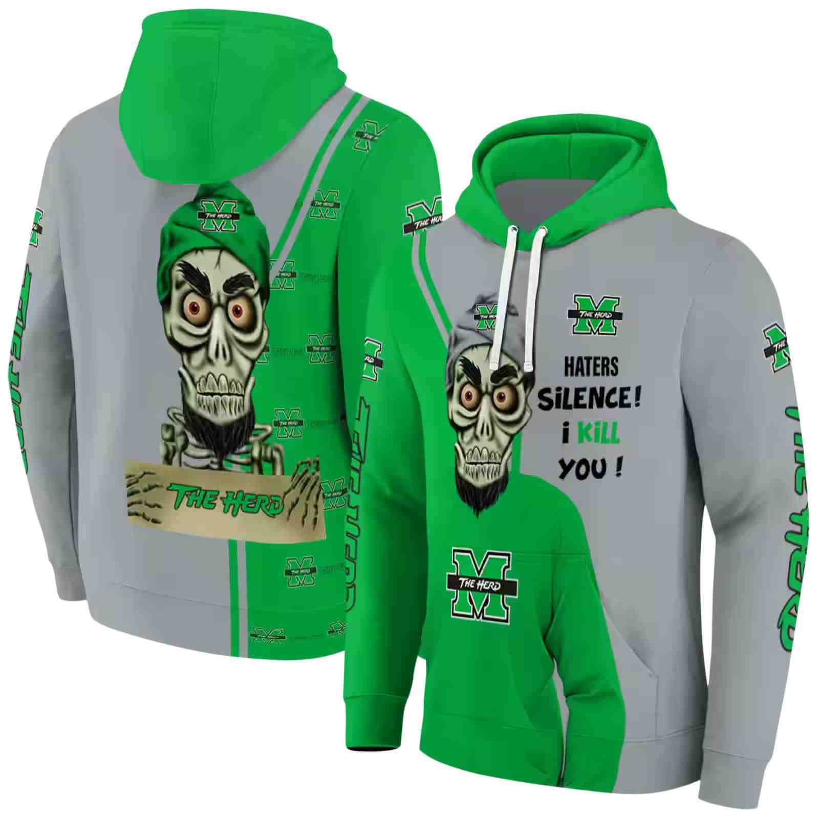 marshall thundering herd achmed skull green hoodie fashion forward