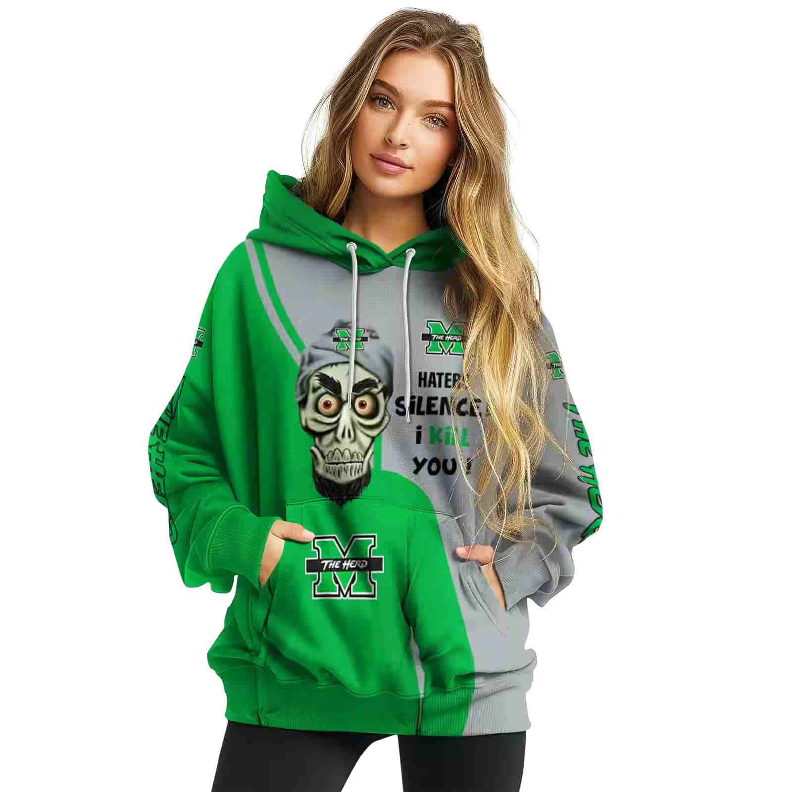 marshall thundering herd achmed skull green hoodie high quality