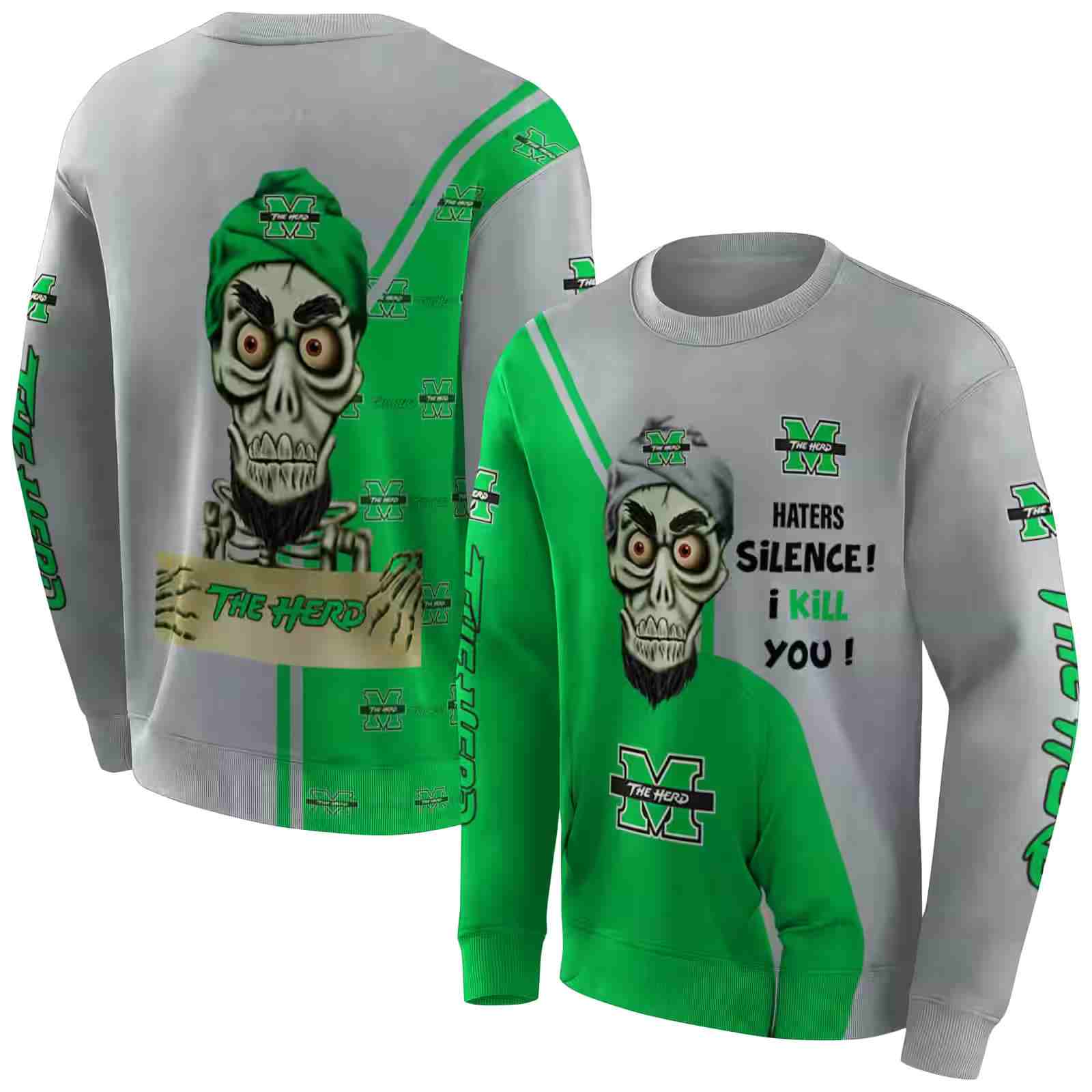 marshall thundering herd achmed skull green hoodie premium grade