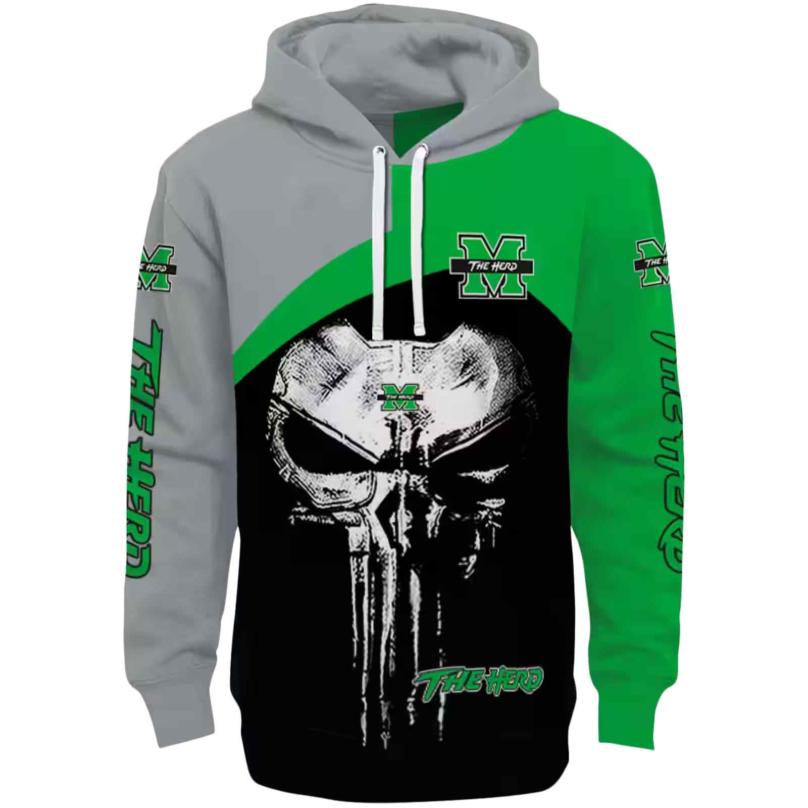 Marshall Thundering Herd Skull Punisher Gray Black Hoodie