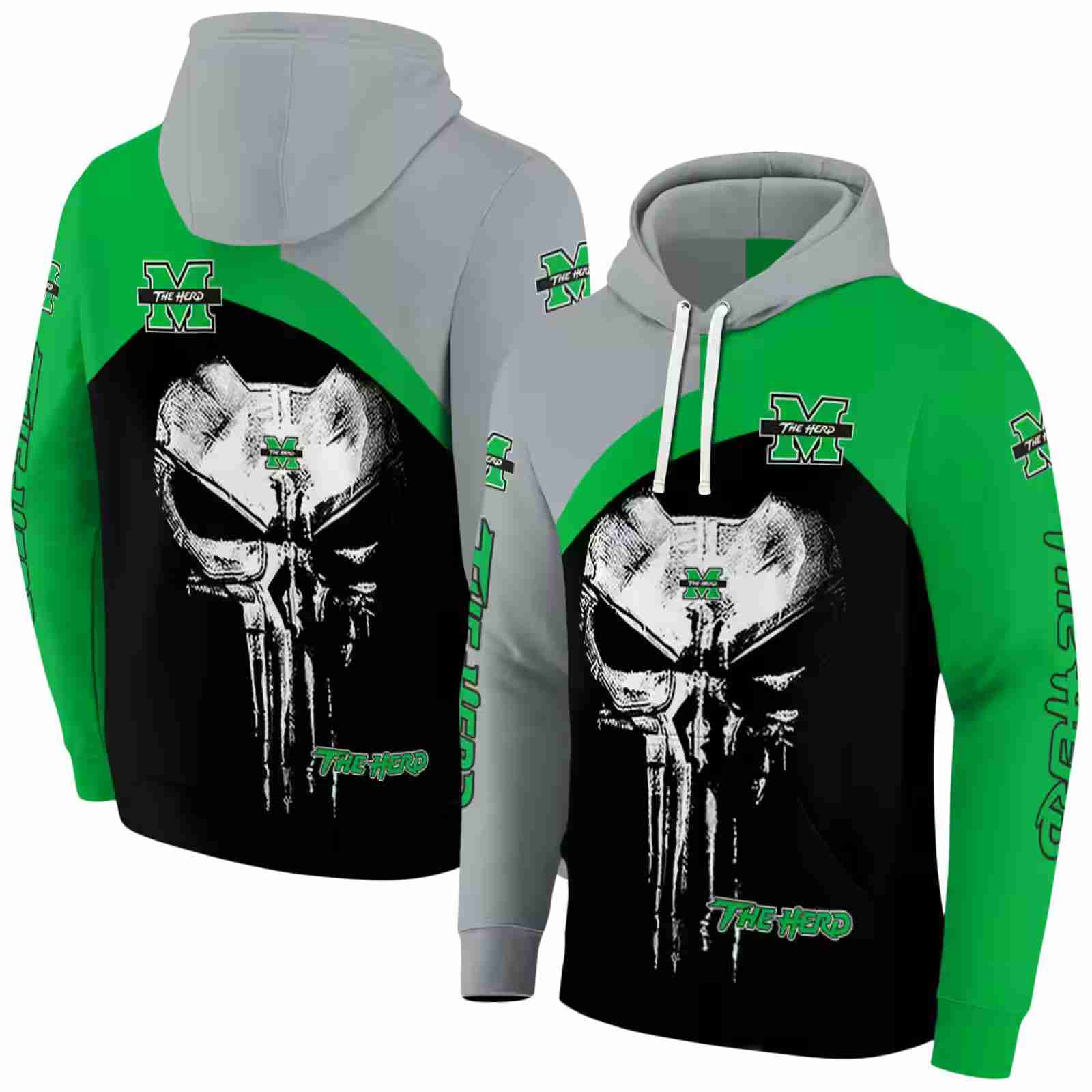 marshall thundering herd skull punisher gray black hoodie fashion forward