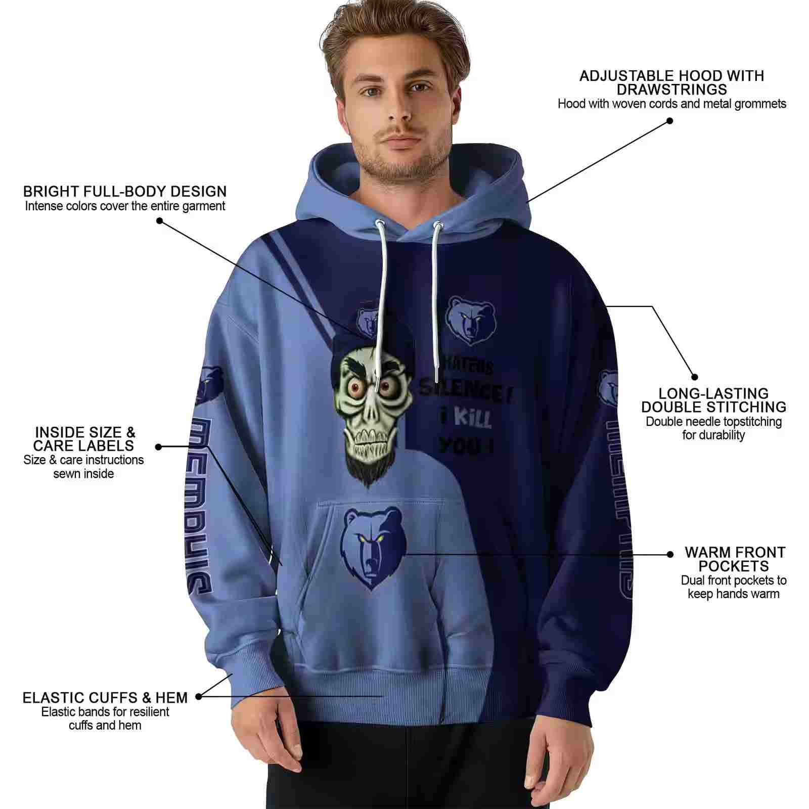 memphis grizzlies achmed skull blue hoodie latest model