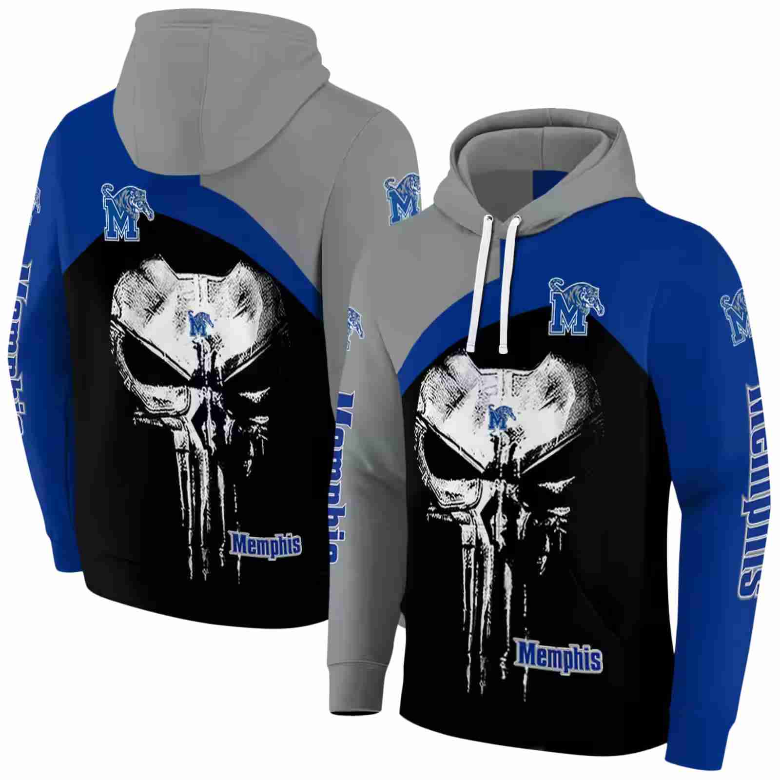 memphis tigers skull punisher gray black hoodie fashion forward