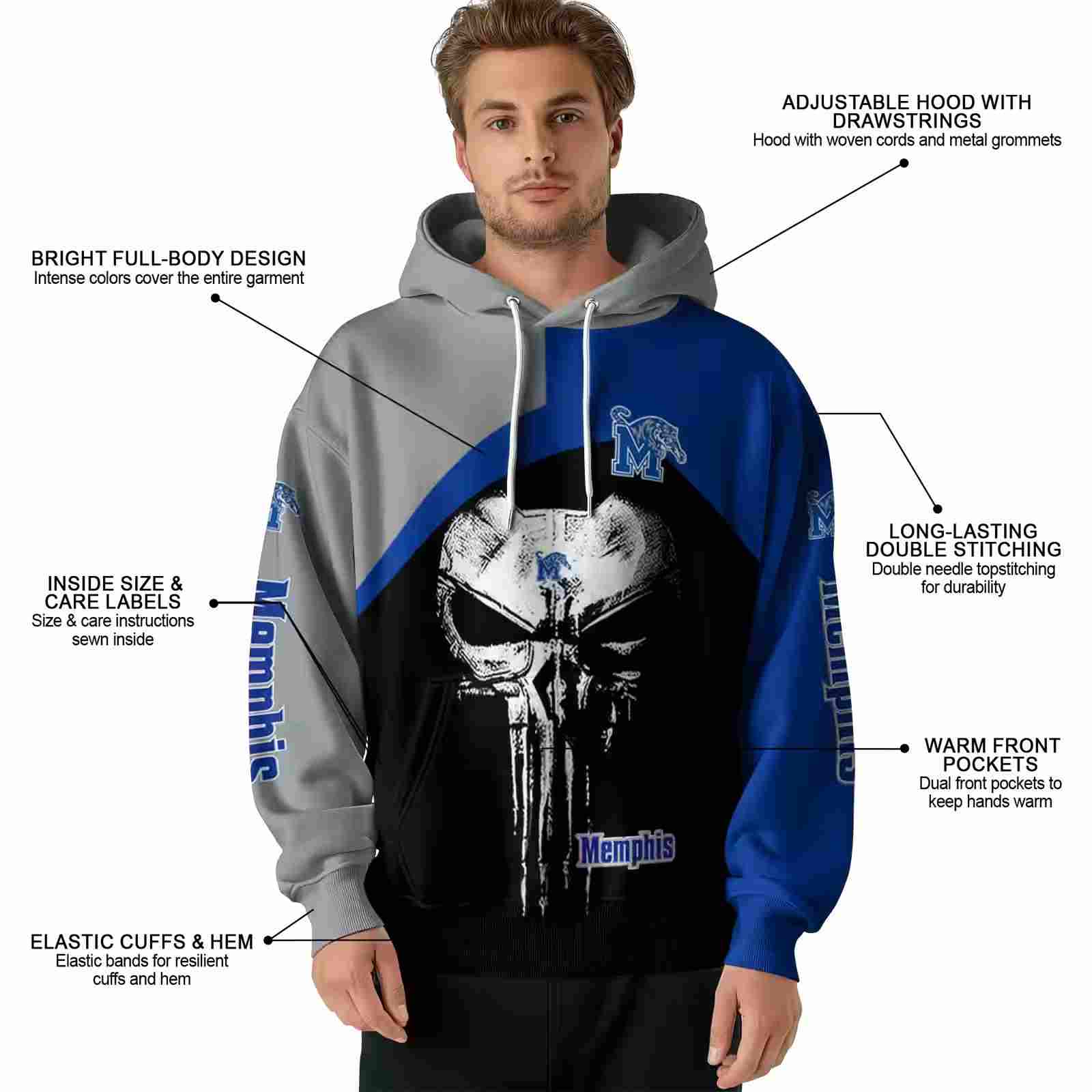 memphis tigers skull punisher gray black hoodie latest model