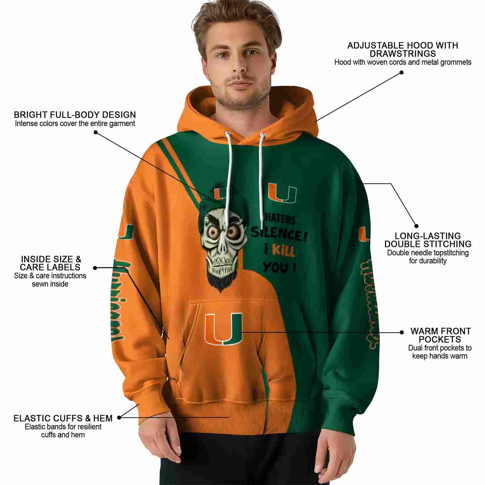 miami hurricanes achmed skull orange hoodie latest model