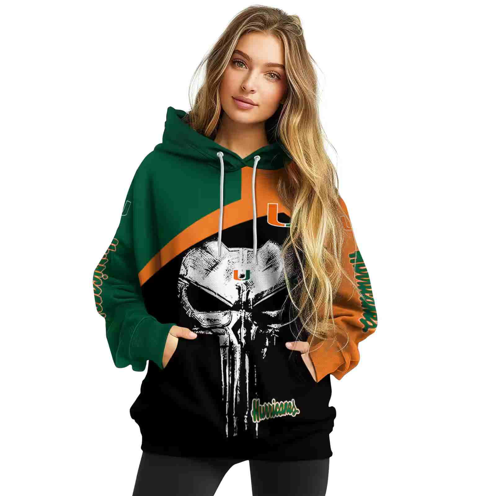 miami hurricanes skull punisher green black hoodie high quality