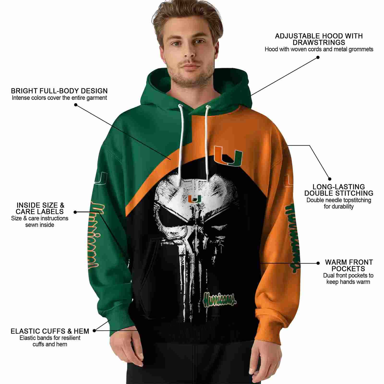 miami hurricanes skull punisher green black hoodie latest model