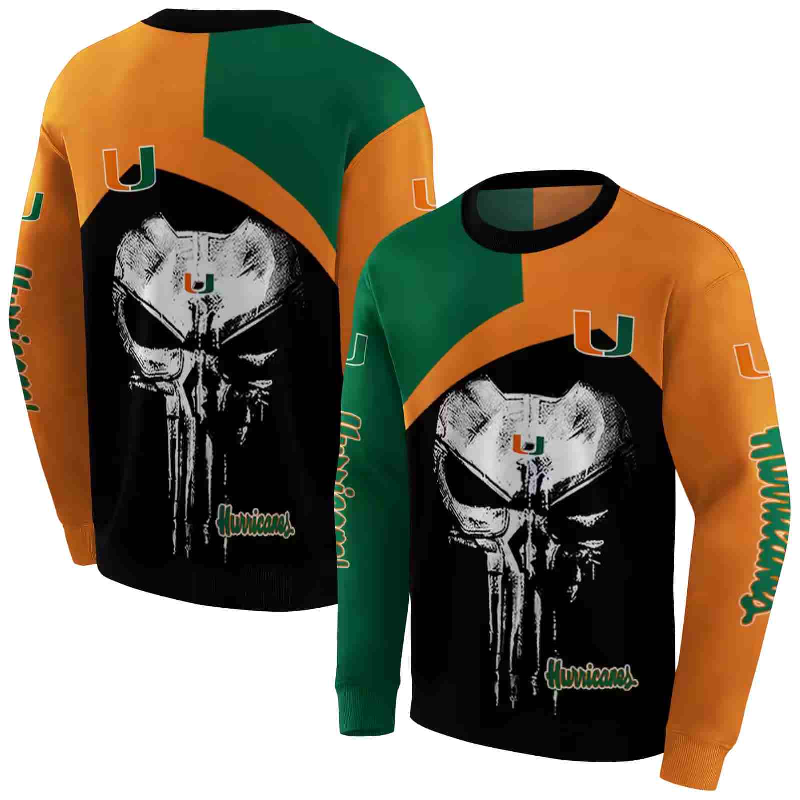 miami hurricanes skull punisher green black hoodie premium grade