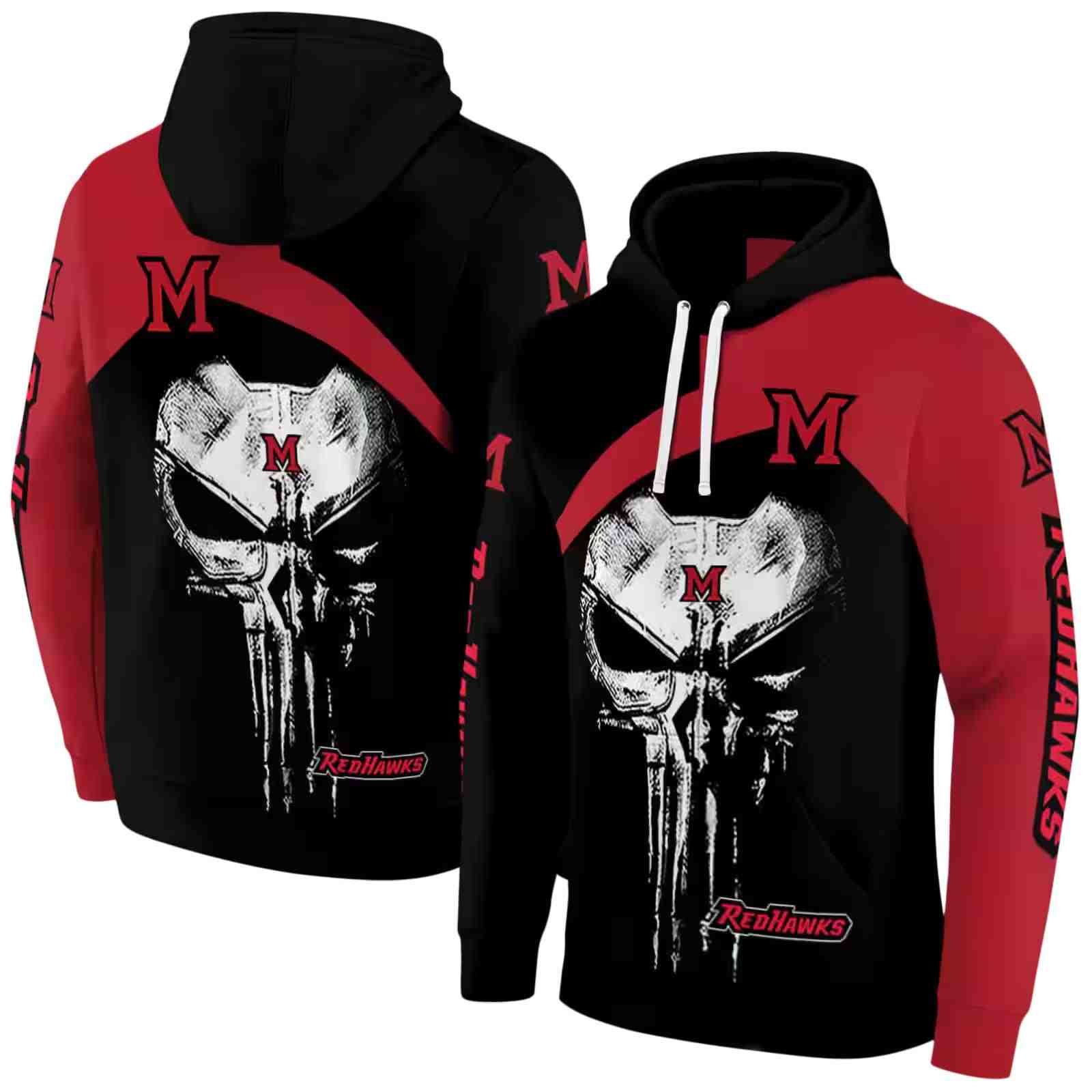 miami redhawks skull punisher black hoodie fashion forward