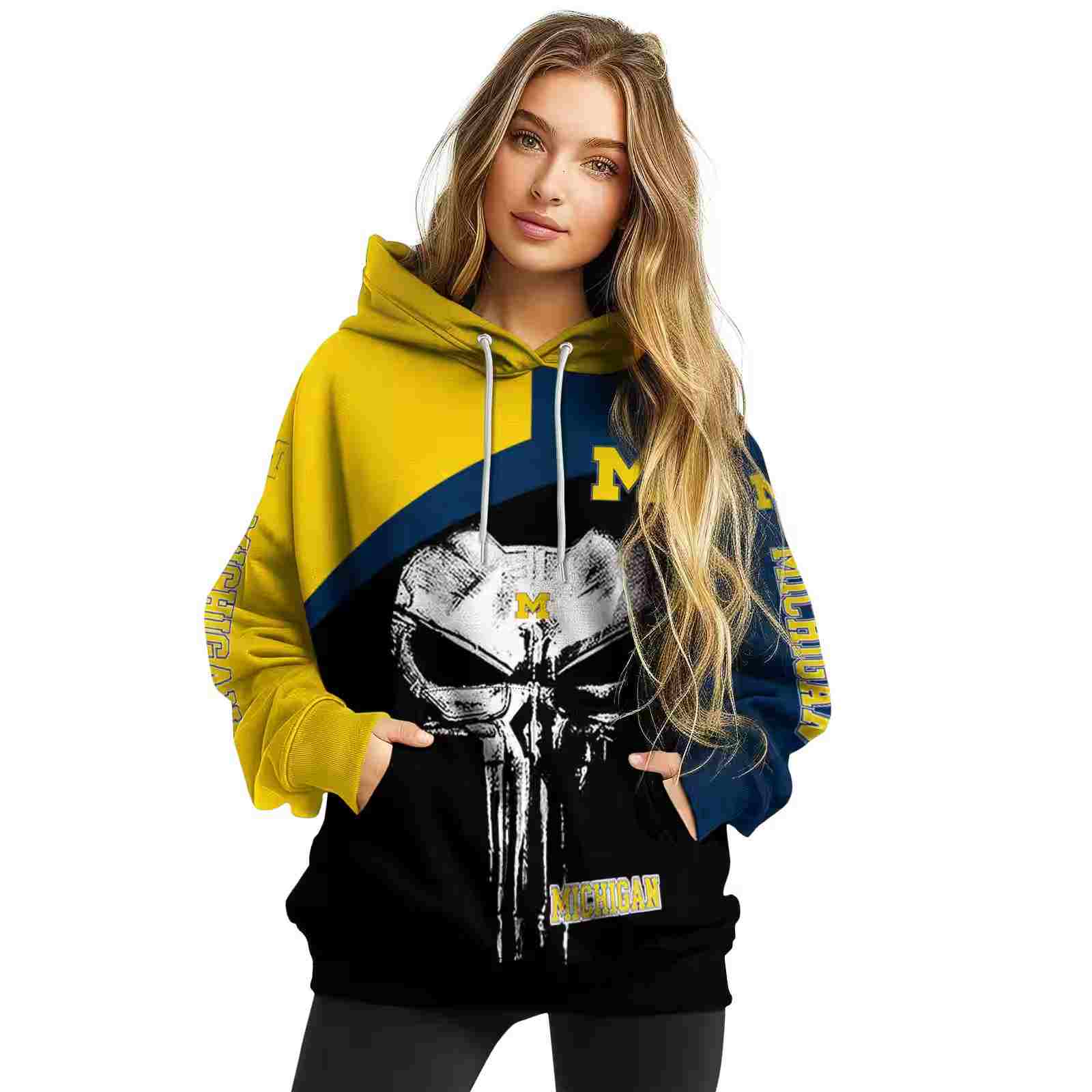 michigan wolverines skull punisher maize black hoodie high quality