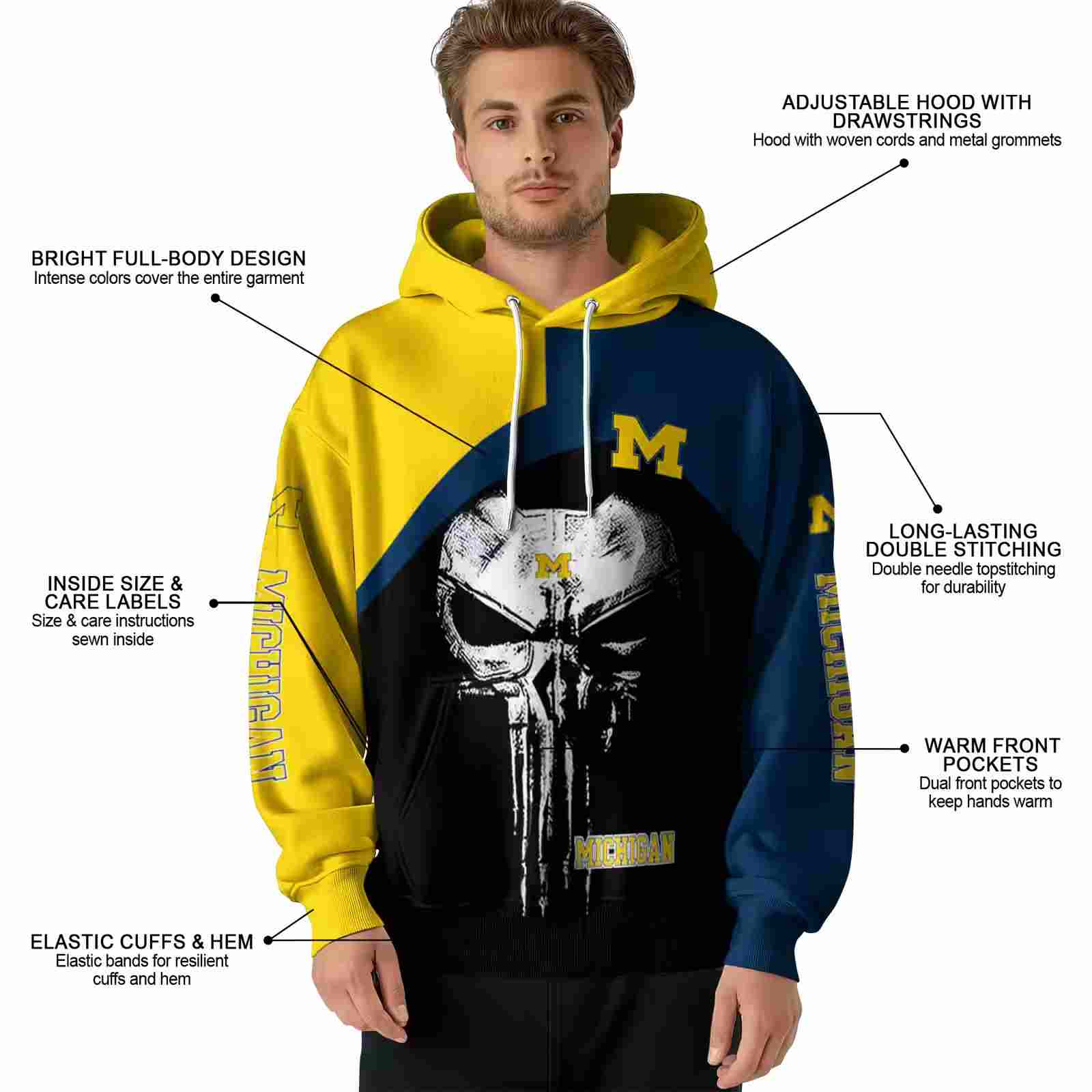 michigan wolverines skull punisher maize black hoodie latest model