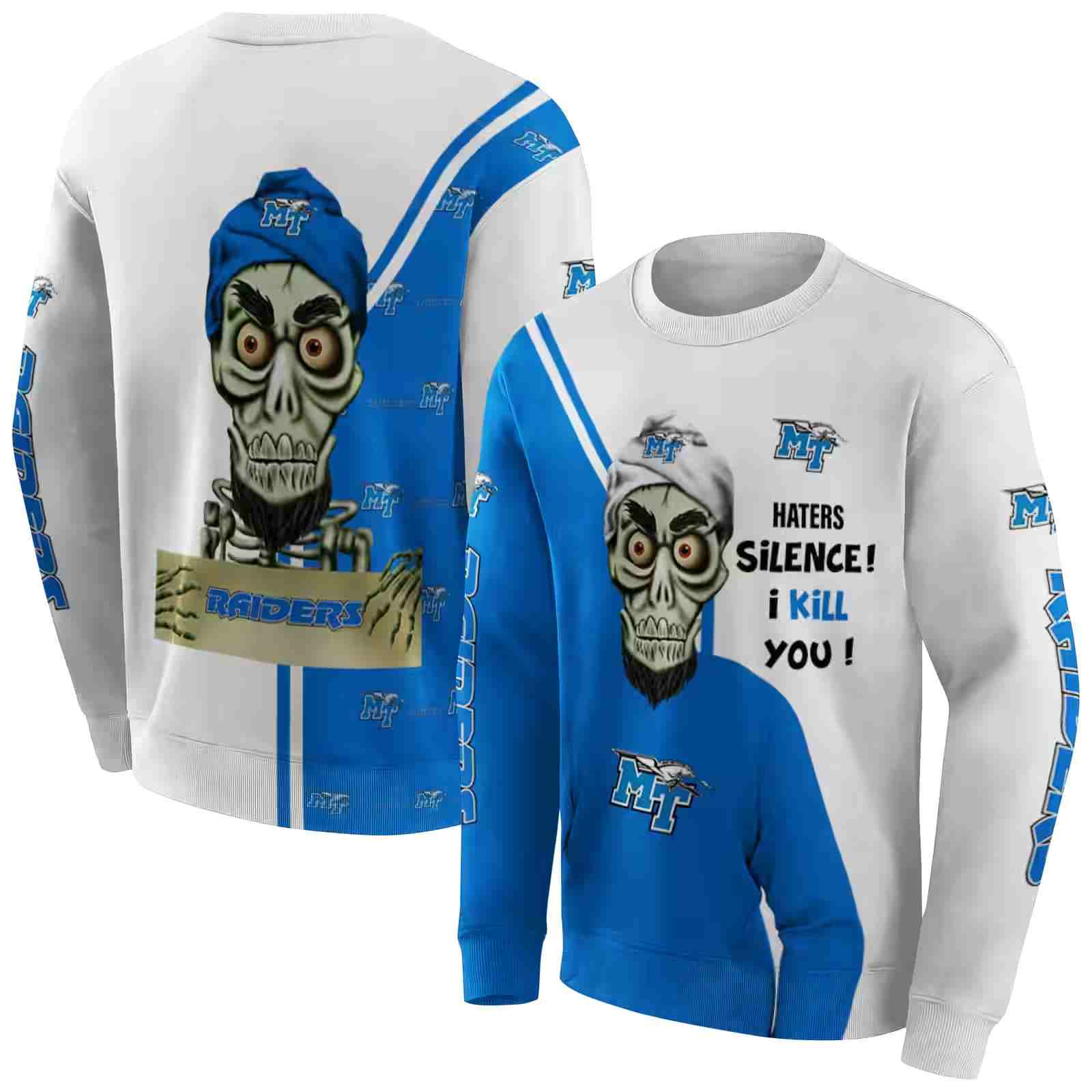 middle tennessee blue raiders achmed skull blue hoodie premium grade