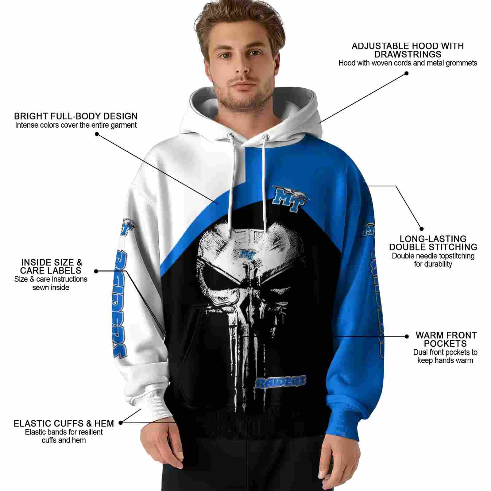 middle tennessee blue raiders skull punisher white black hoodie latest model