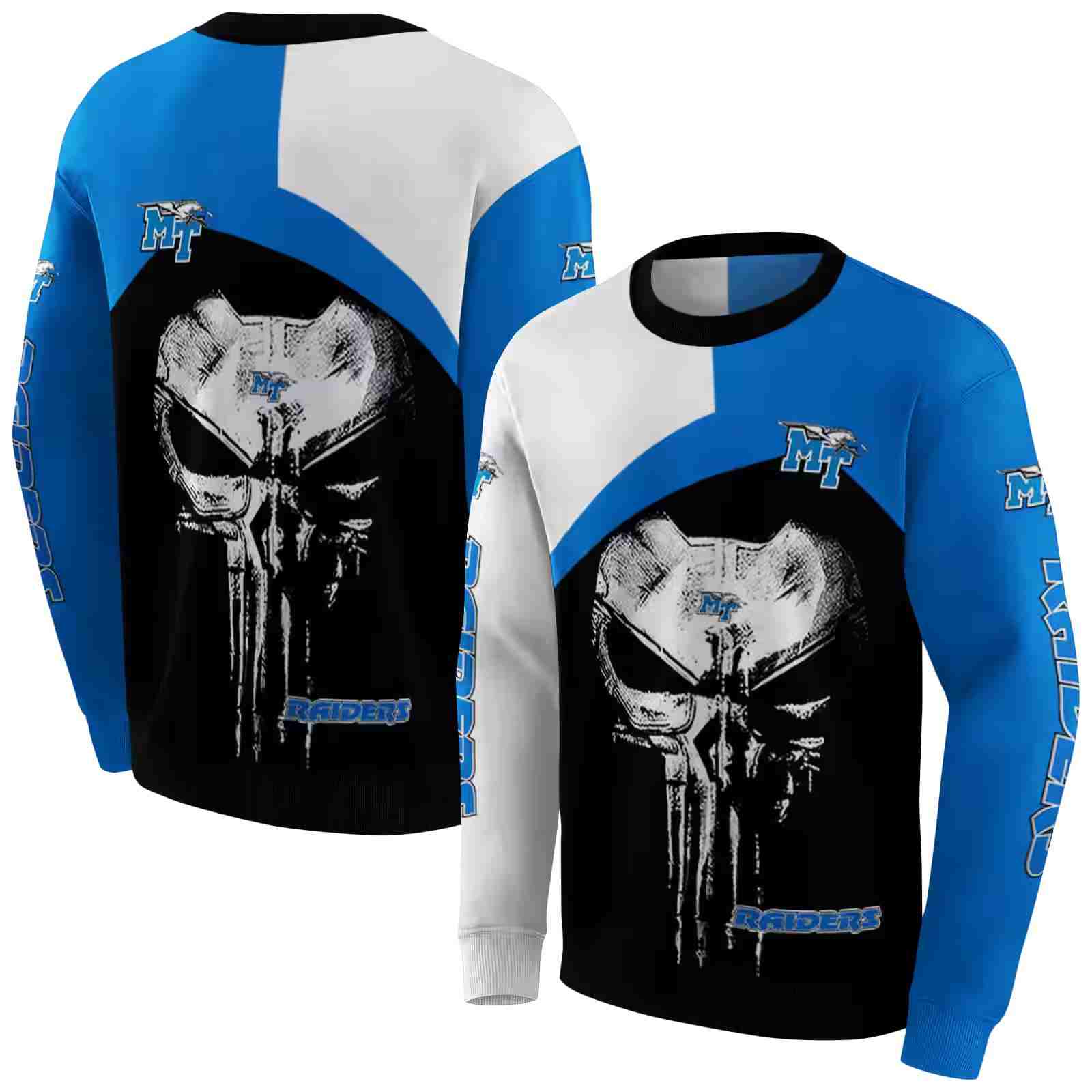 middle tennessee blue raiders skull punisher white black hoodie premium grade