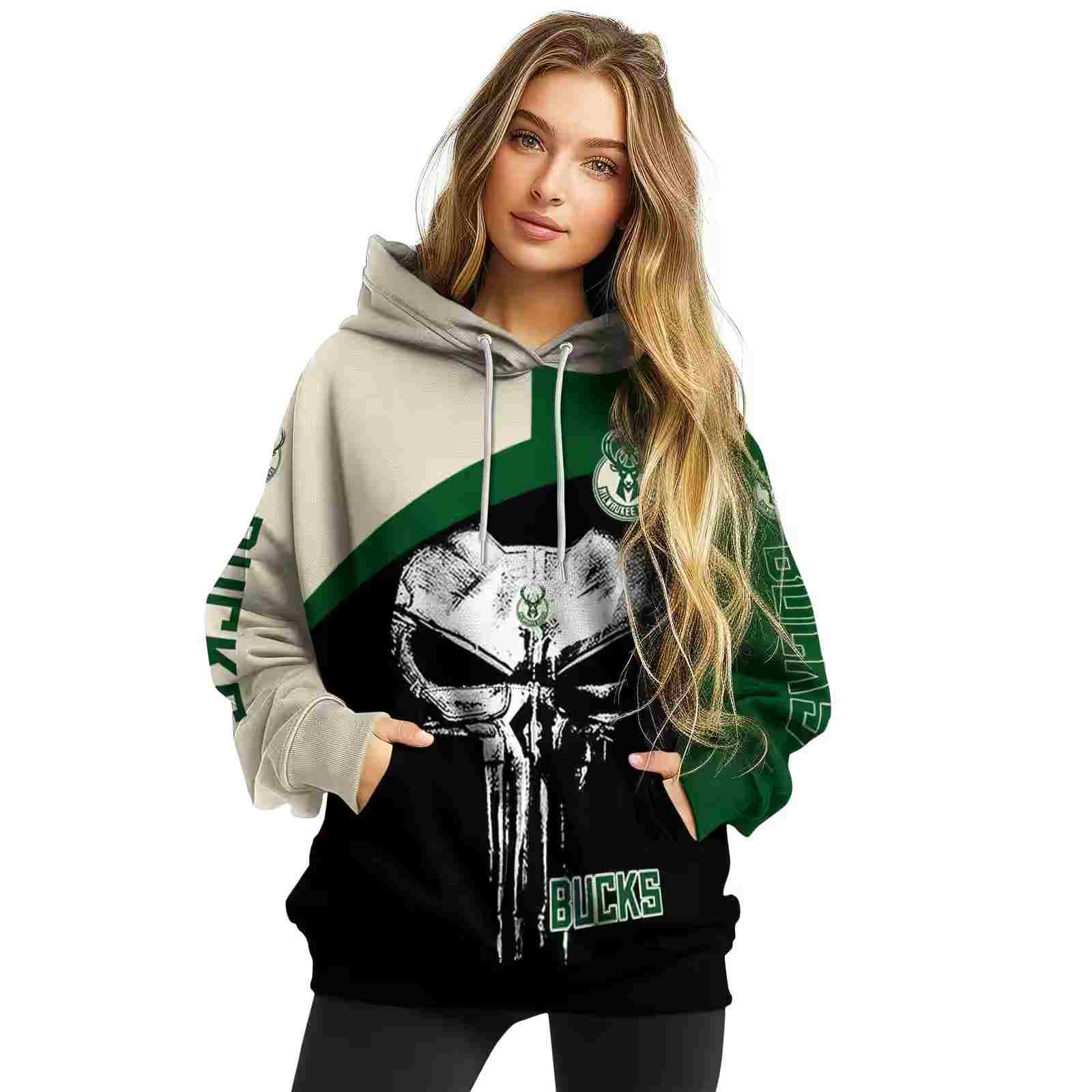 milwaukee bucks skull punisher cream black hoodie high quality