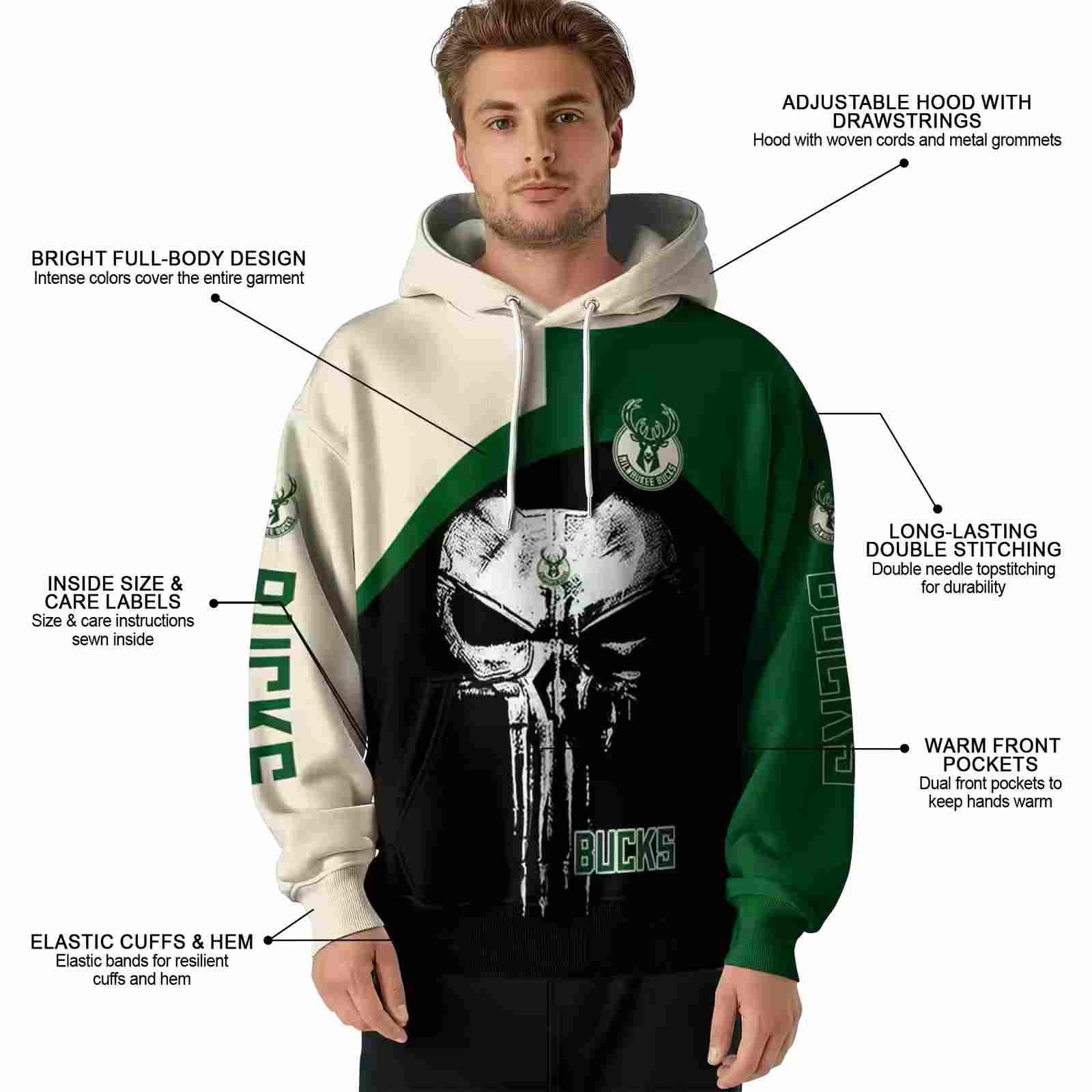 milwaukee bucks skull punisher cream black hoodie latest model