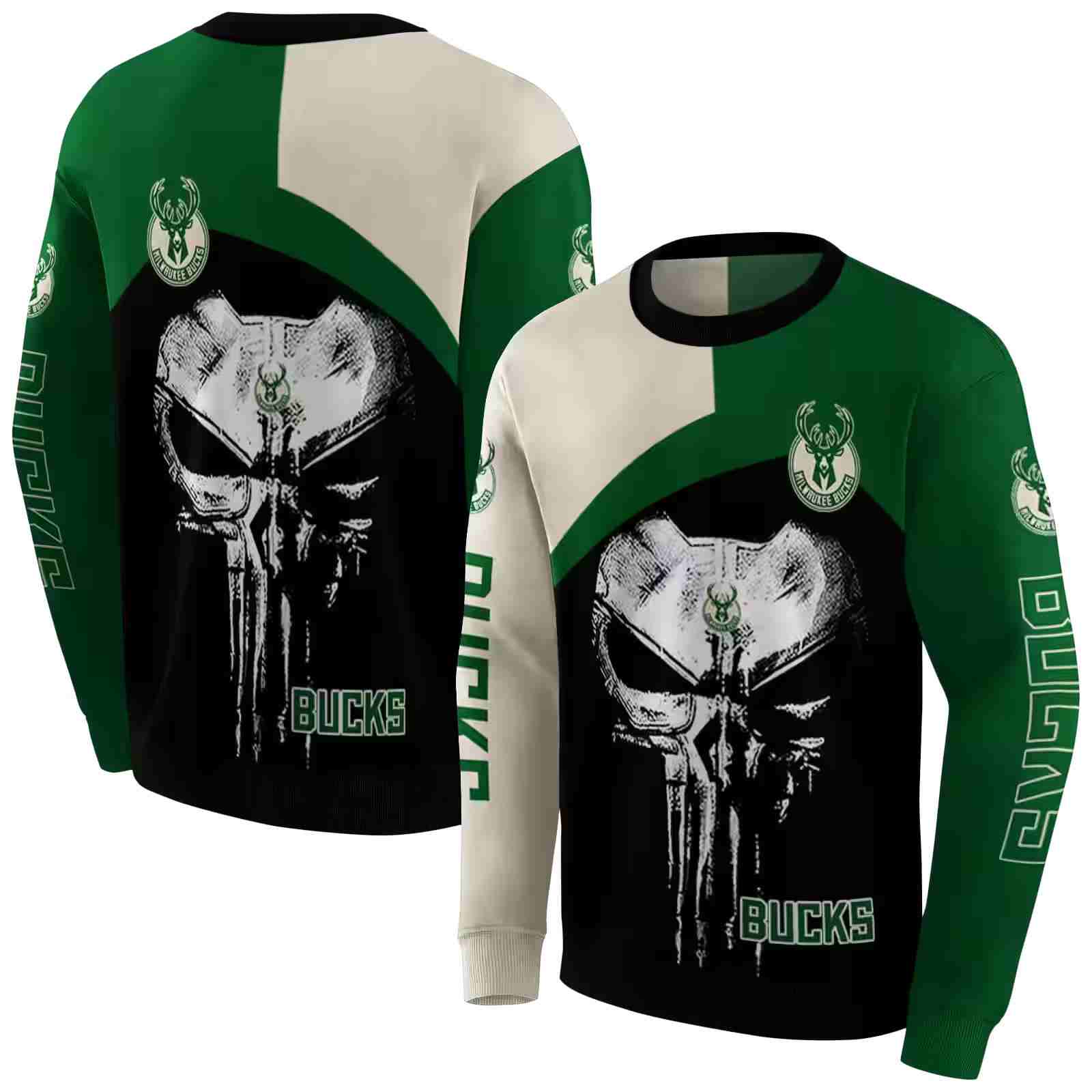 milwaukee bucks skull punisher cream black hoodie premium grade