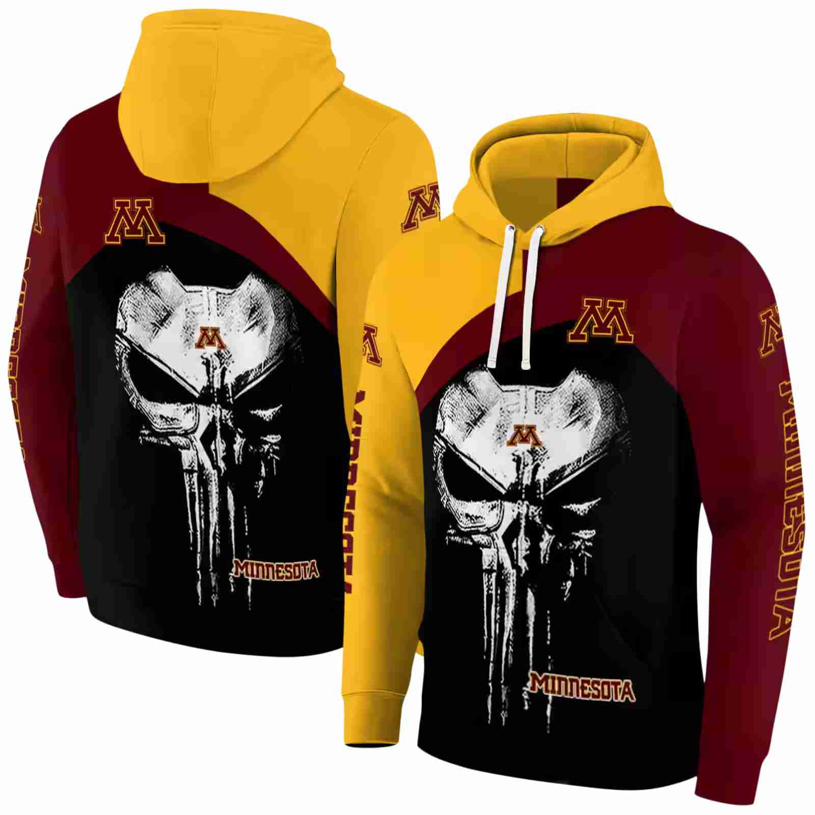 minnesota golden gophers skull punisher gold black hoodie fashion forward