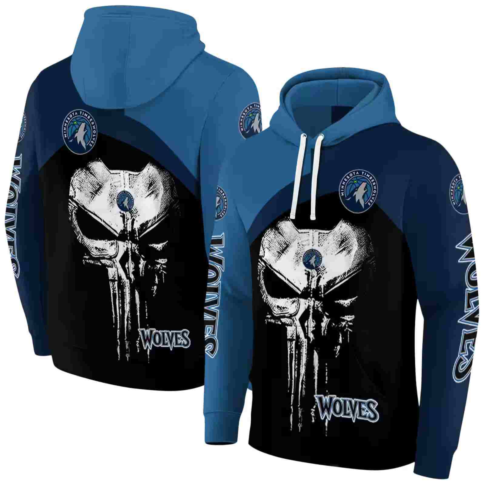 minnesota timberwolves skull punisher blue black hoodie fashion forward