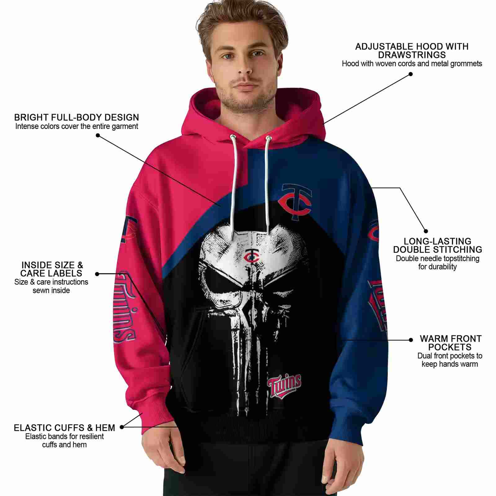 minnesota twins skull punisher red black hoodie latest model