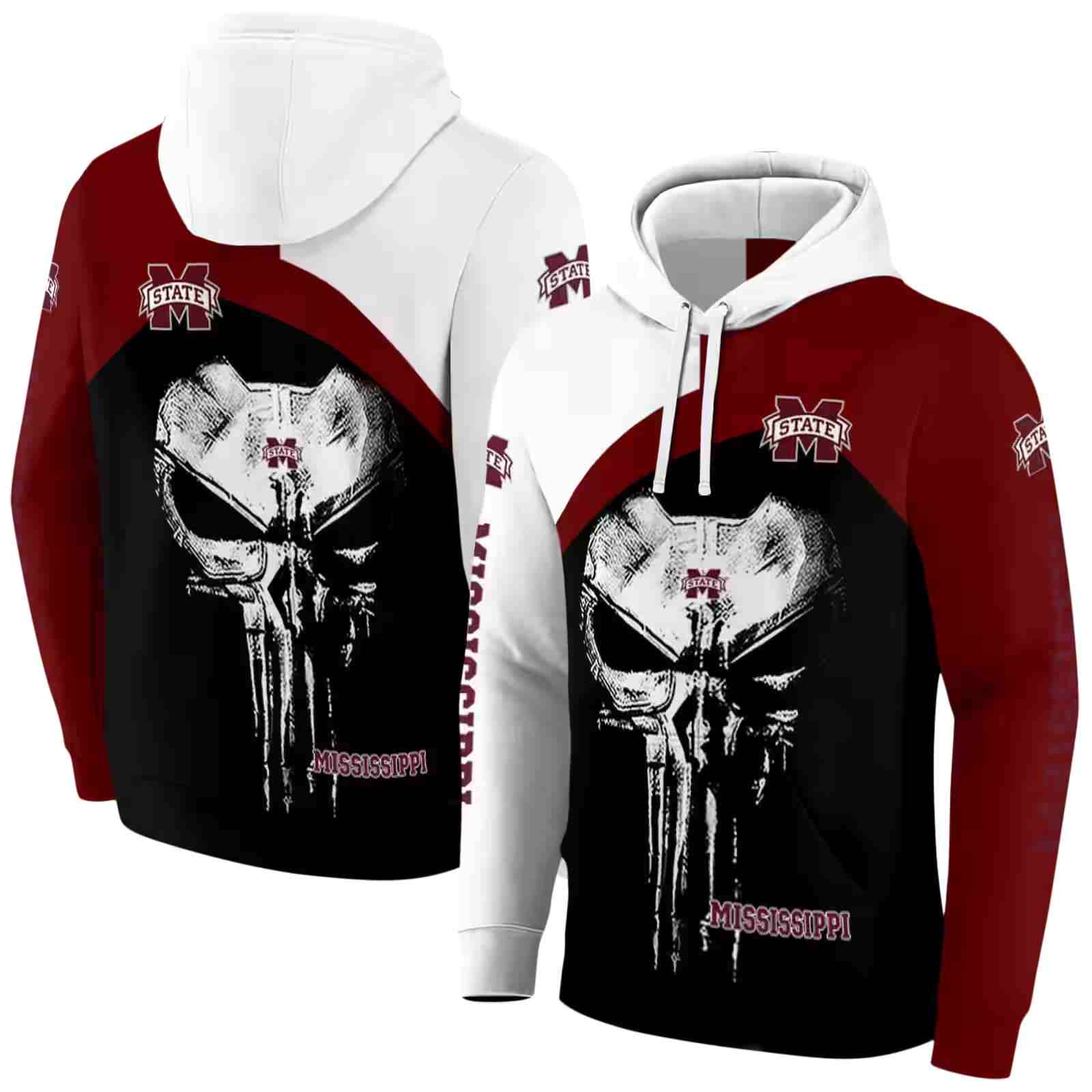mississippi state bulldogs skull punisher white black hoodie fashion forward