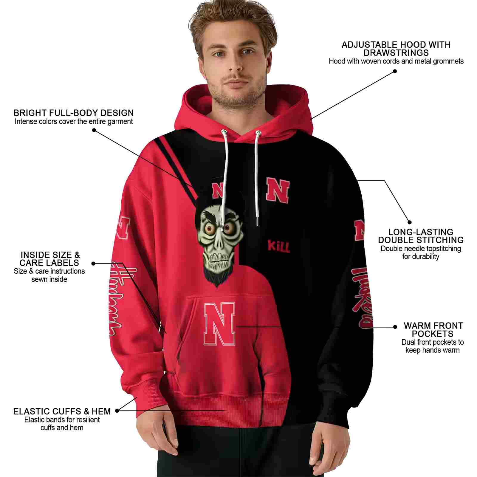 nebraska cornhuskers achmed skull red hoodie latest model