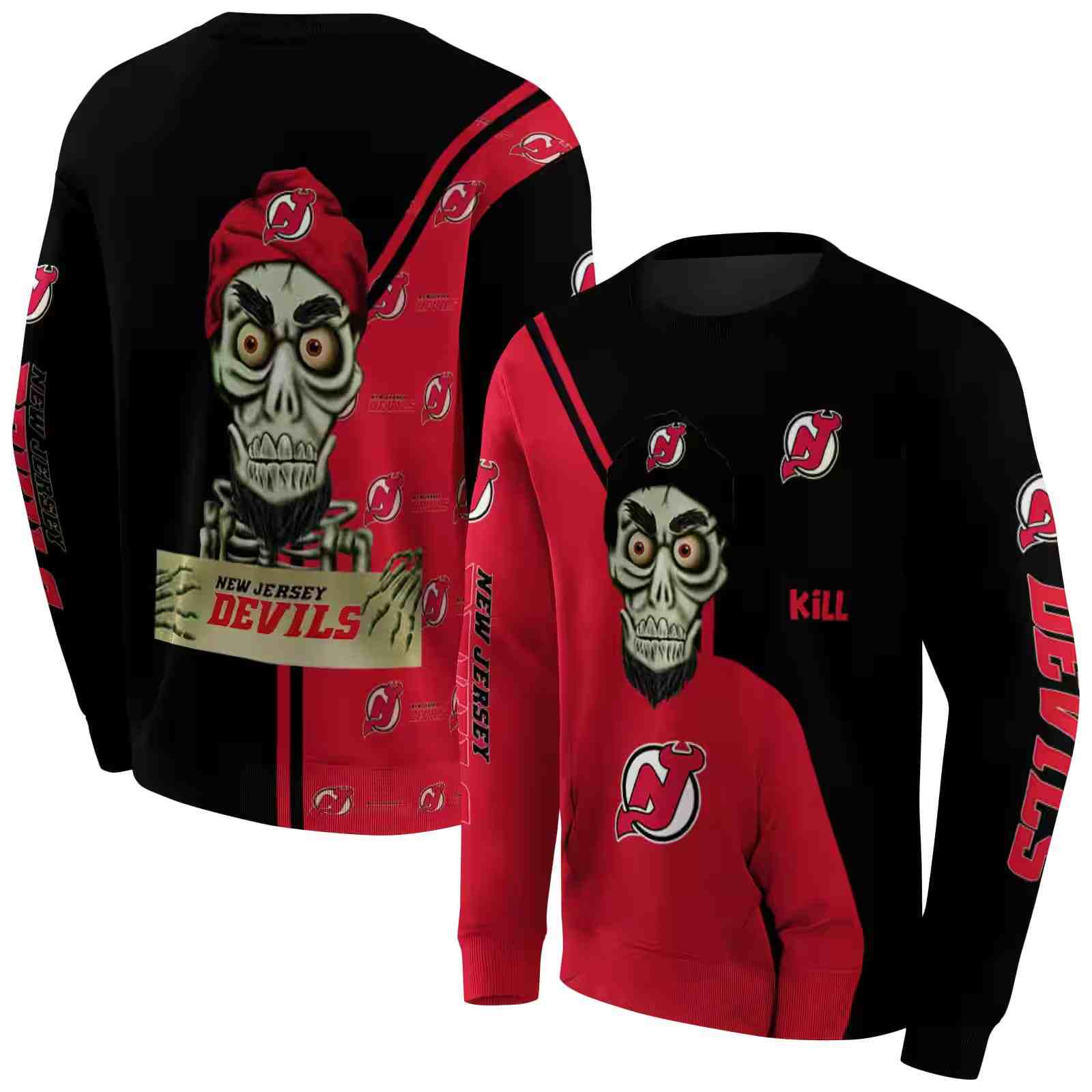 new jersey devils achmed skull red hoodie premium grade