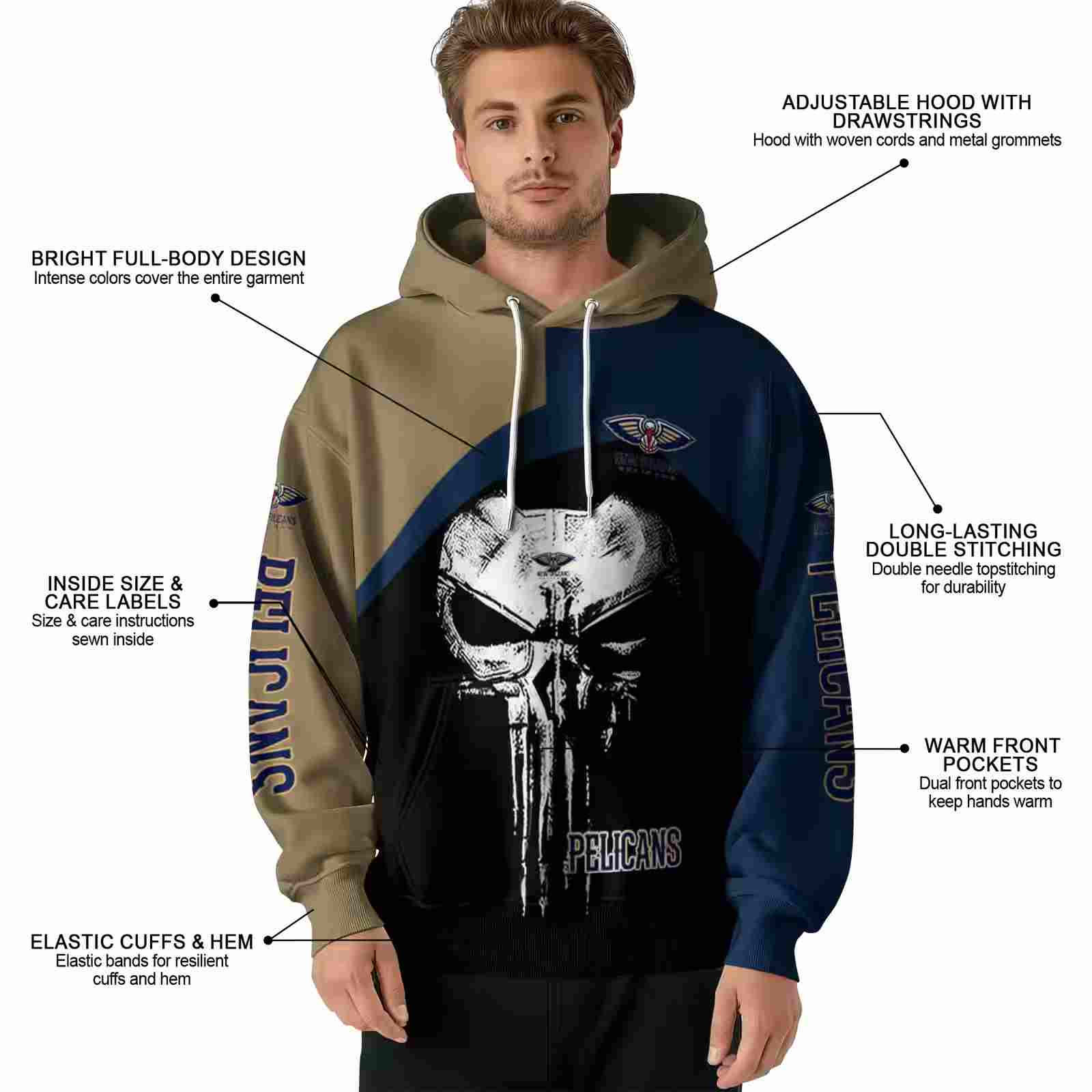 new orleans pelicans skull punisher gold black hoodie latest model