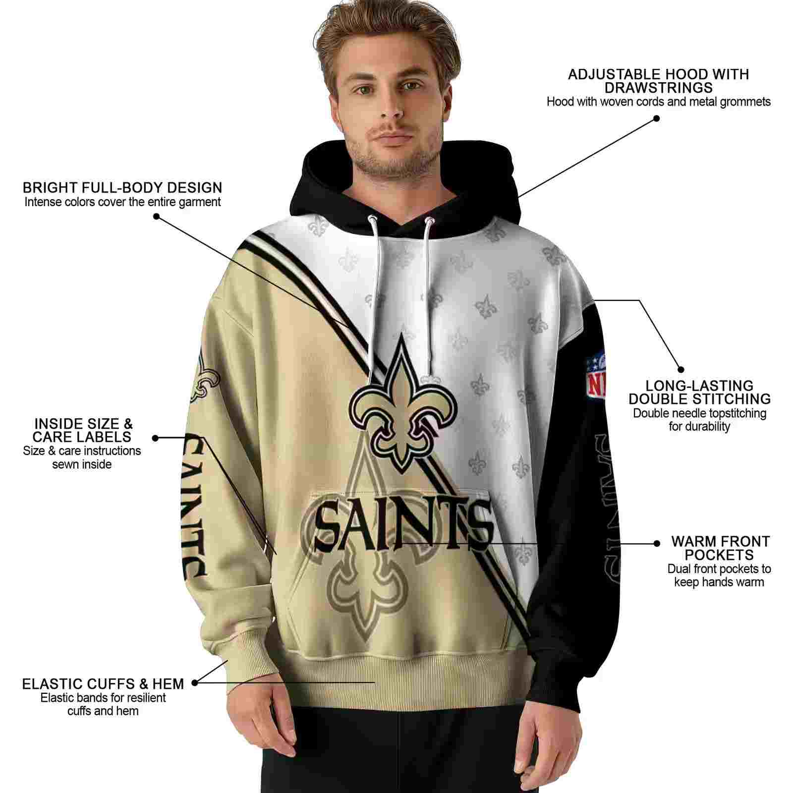 new orleans saints diagonal stripe gold white hoodie latest model