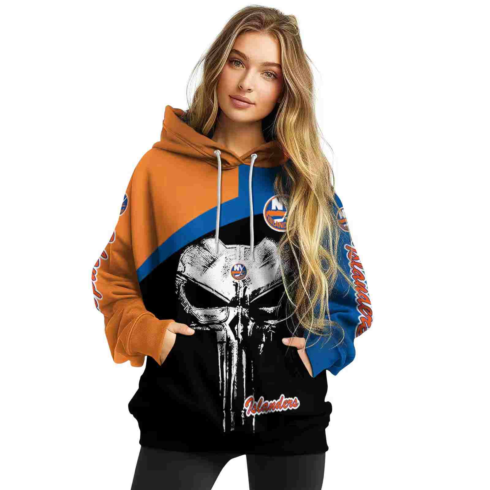 new york islanders skull punisher orange black hoodie high quality