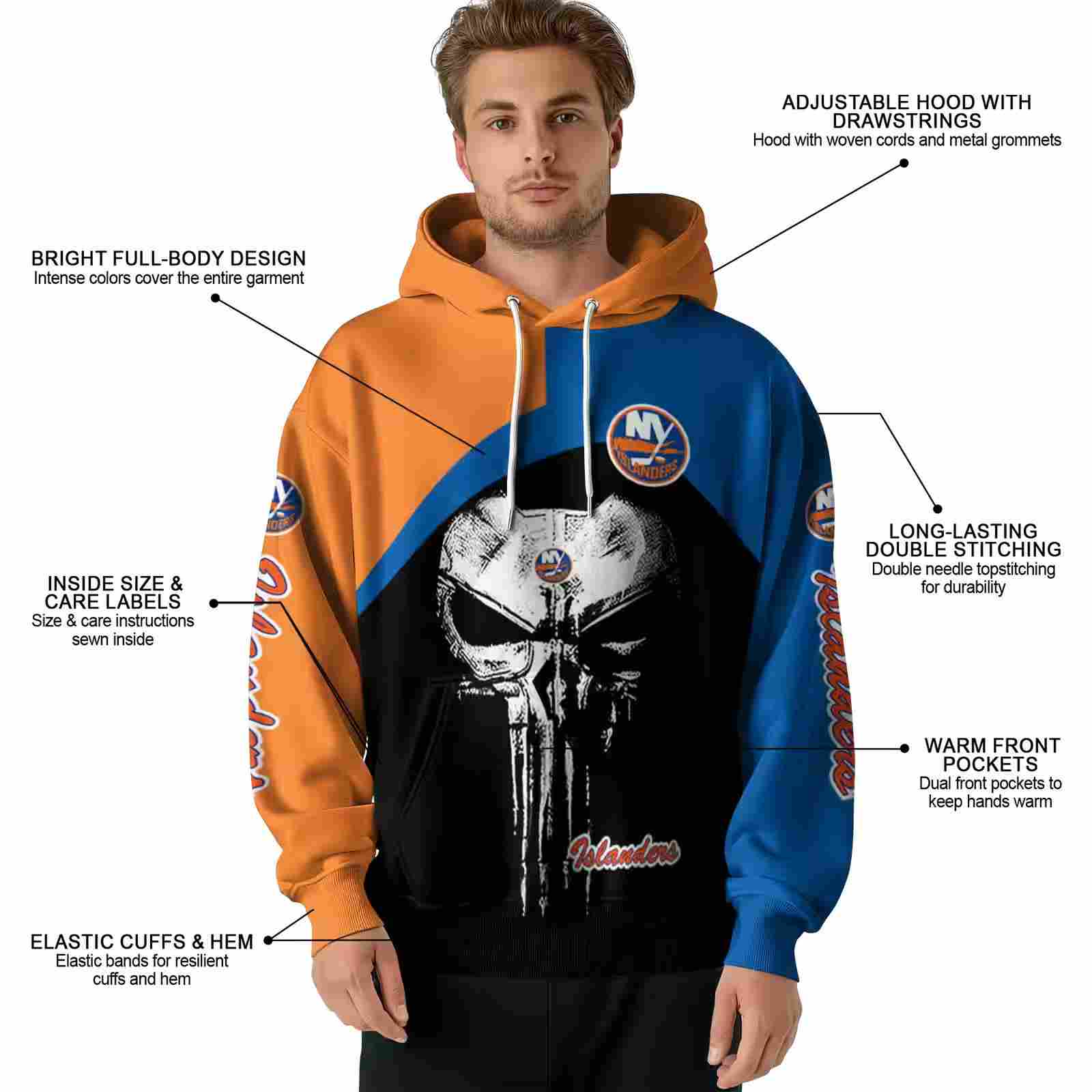 new york islanders skull punisher orange black hoodie latest model