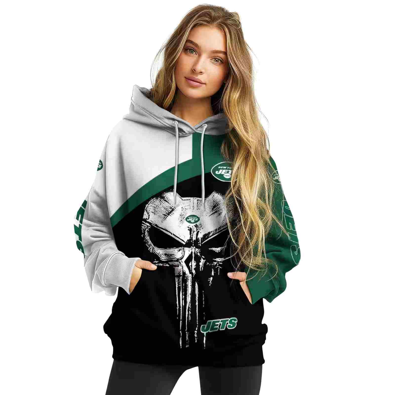 new york jets skull punisher white black hoodie high quality