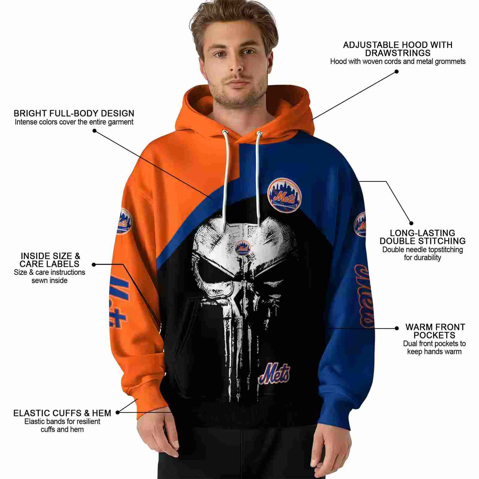 new york mets skull punisher orange black hoodie latest model