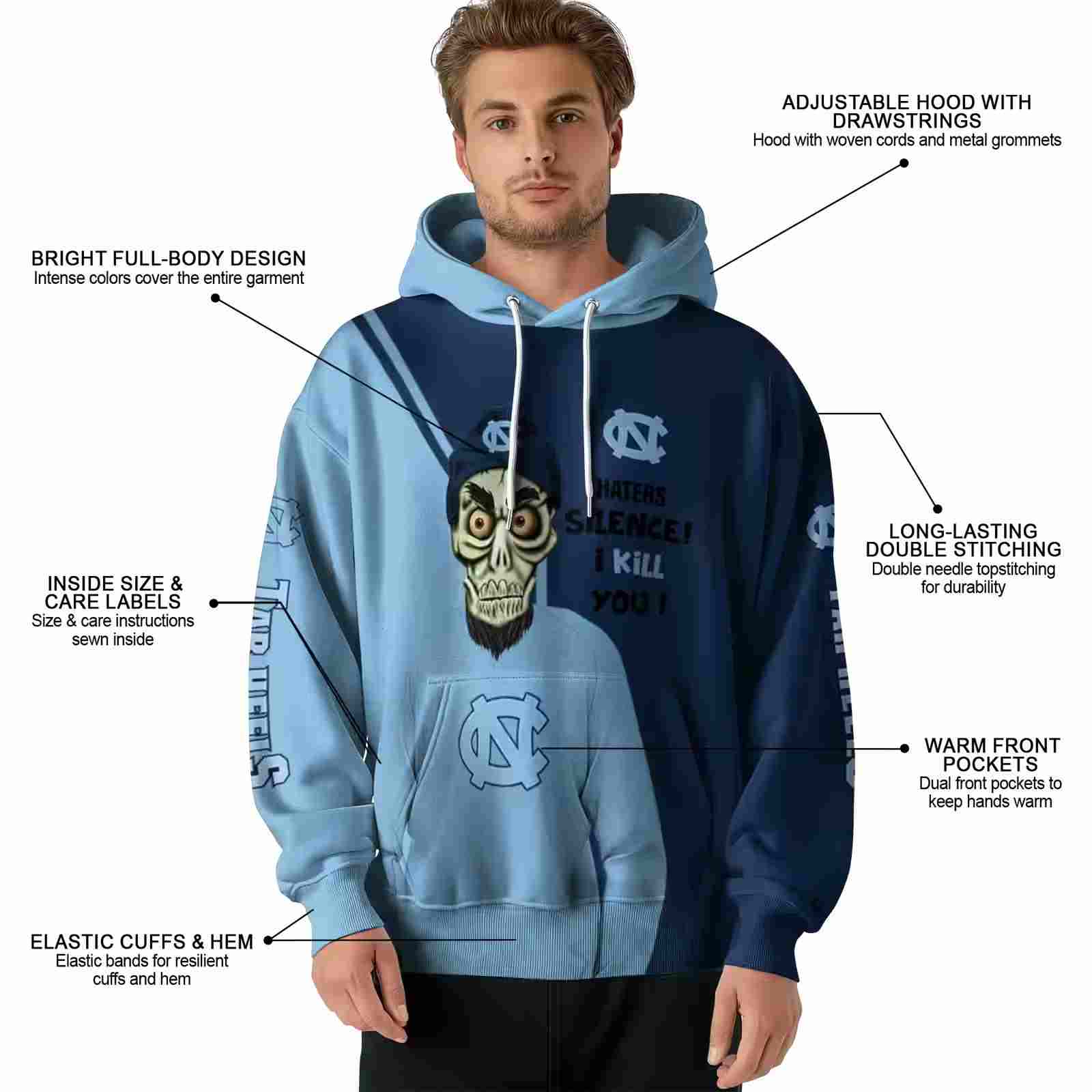 north carolina tar heels achmed skull light blue hoodie latest model