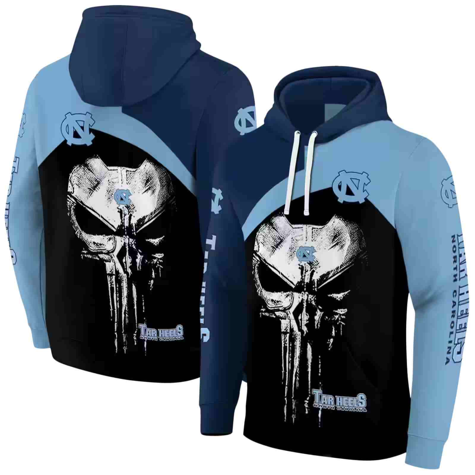 north carolina tar heels skull punisher navy blue black hoodie fashion forward