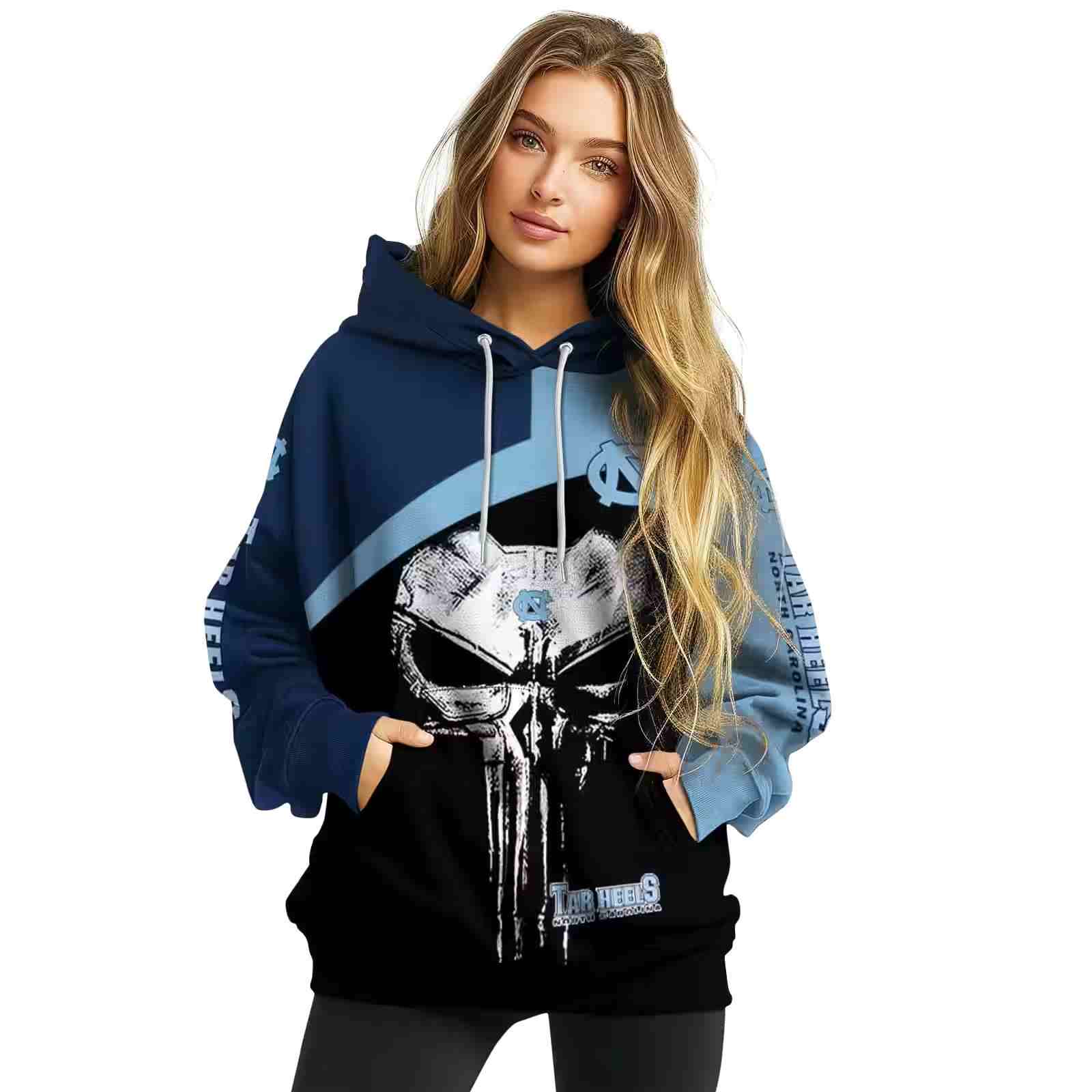 north carolina tar heels skull punisher navy blue black hoodie high quality