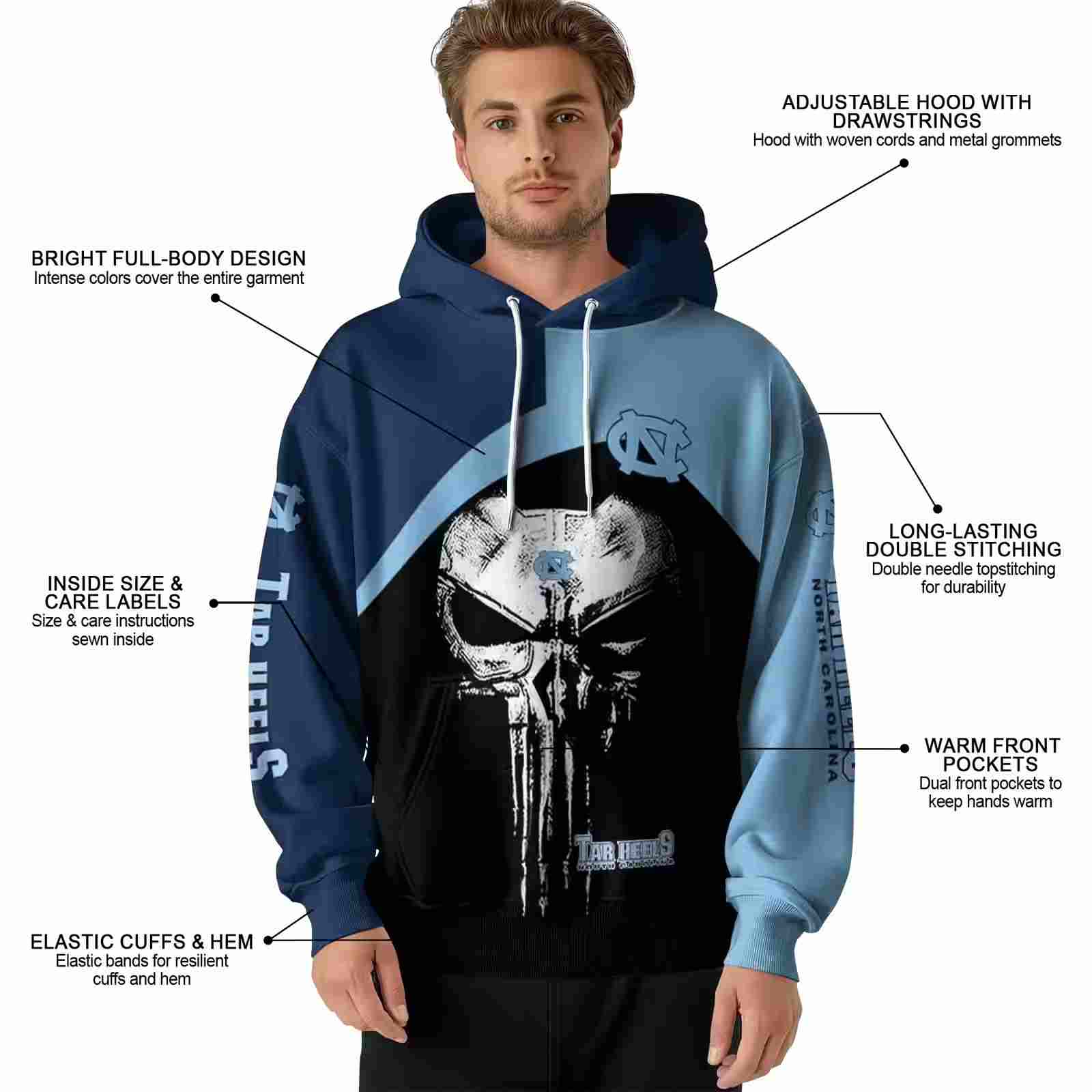 north carolina tar heels skull punisher navy blue black hoodie latest model