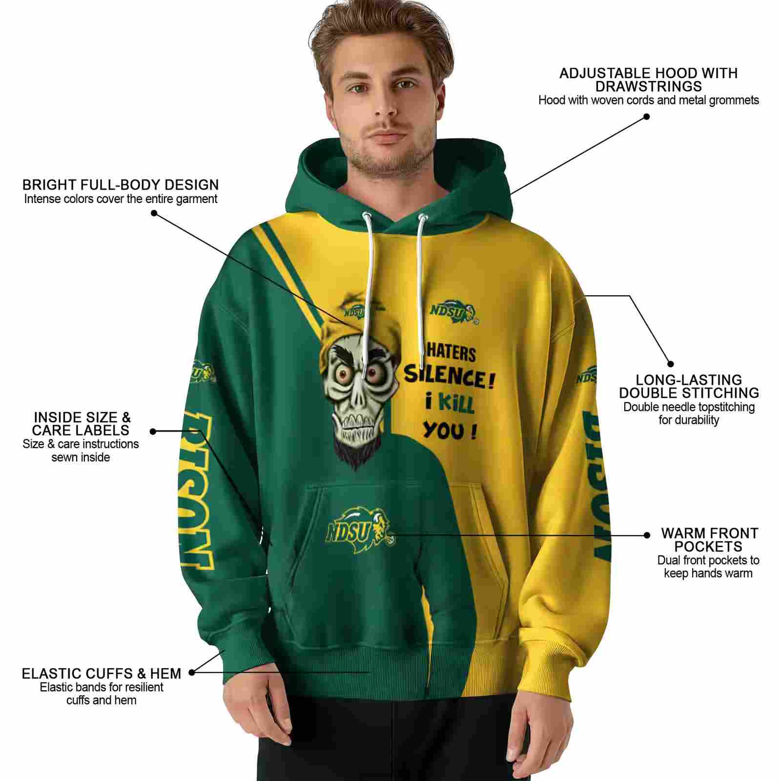 north dakota state bison achmed skull green hoodie latest model