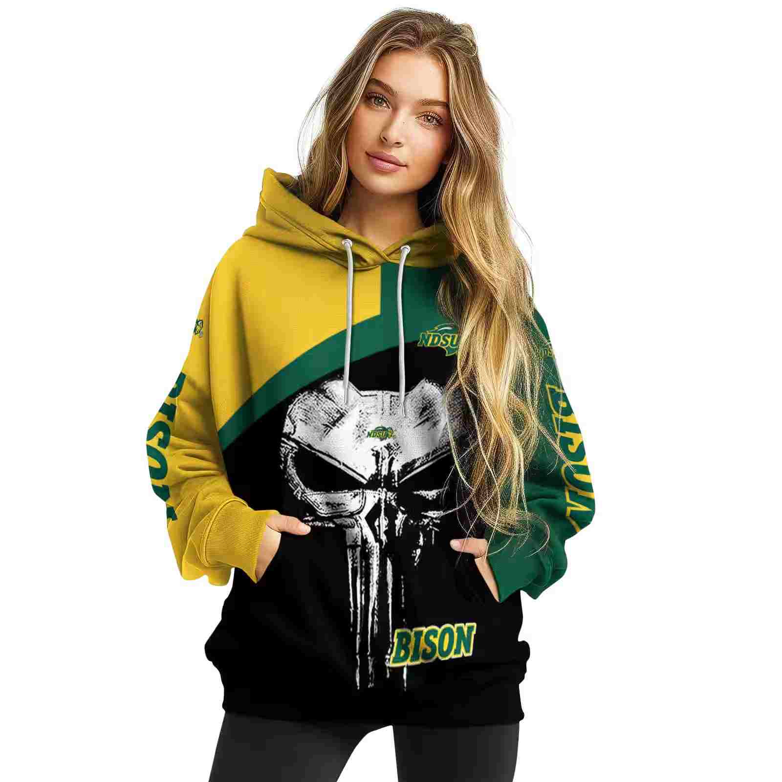 north dakota state bison skull punisher yellow black hoodie high quality