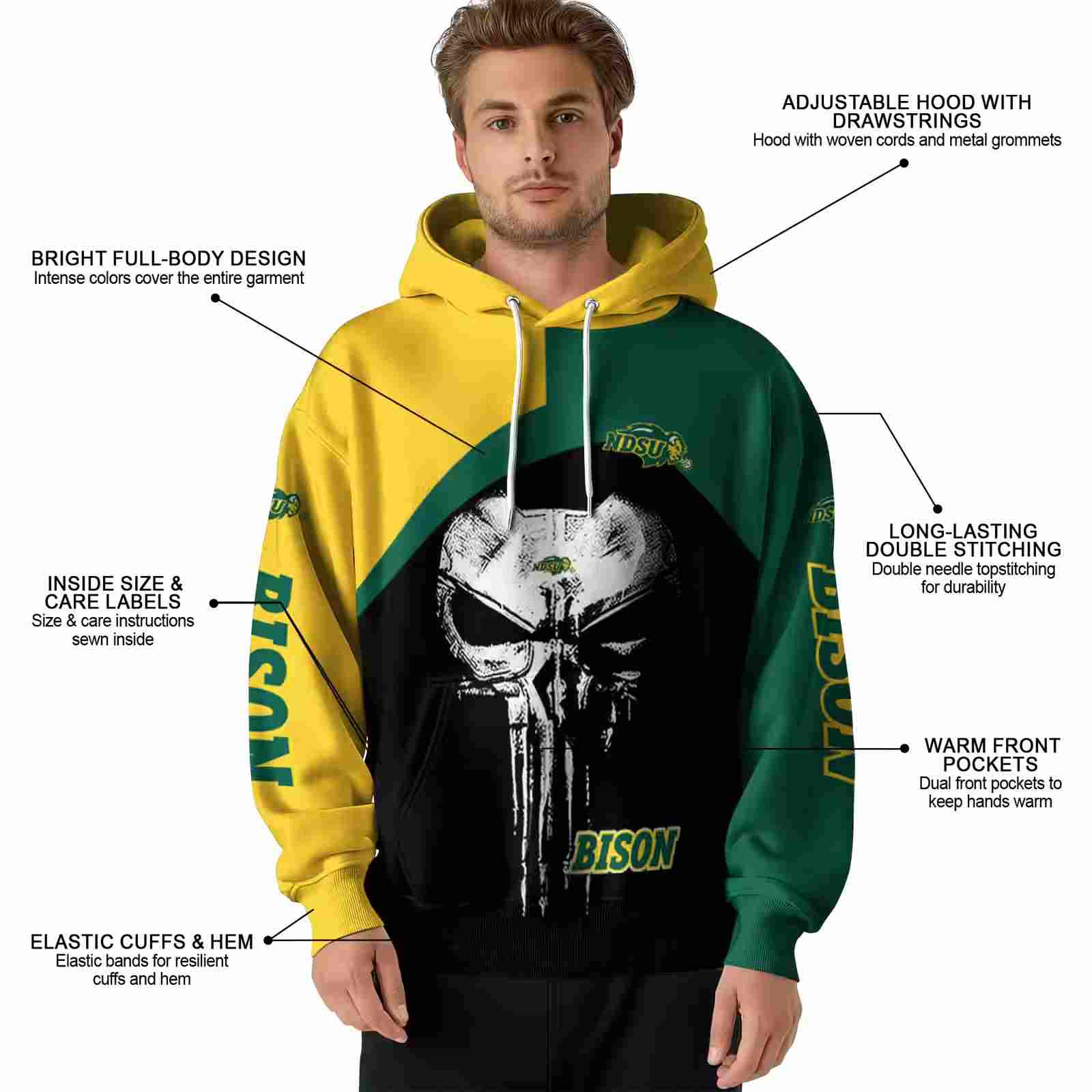 north dakota state bison skull punisher yellow black hoodie latest model