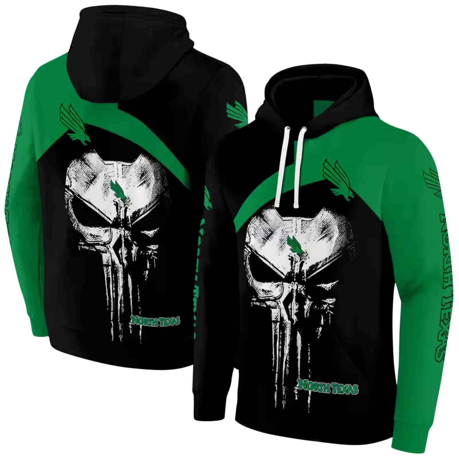 north texas mean green skull punisher black hoodie fashion forward