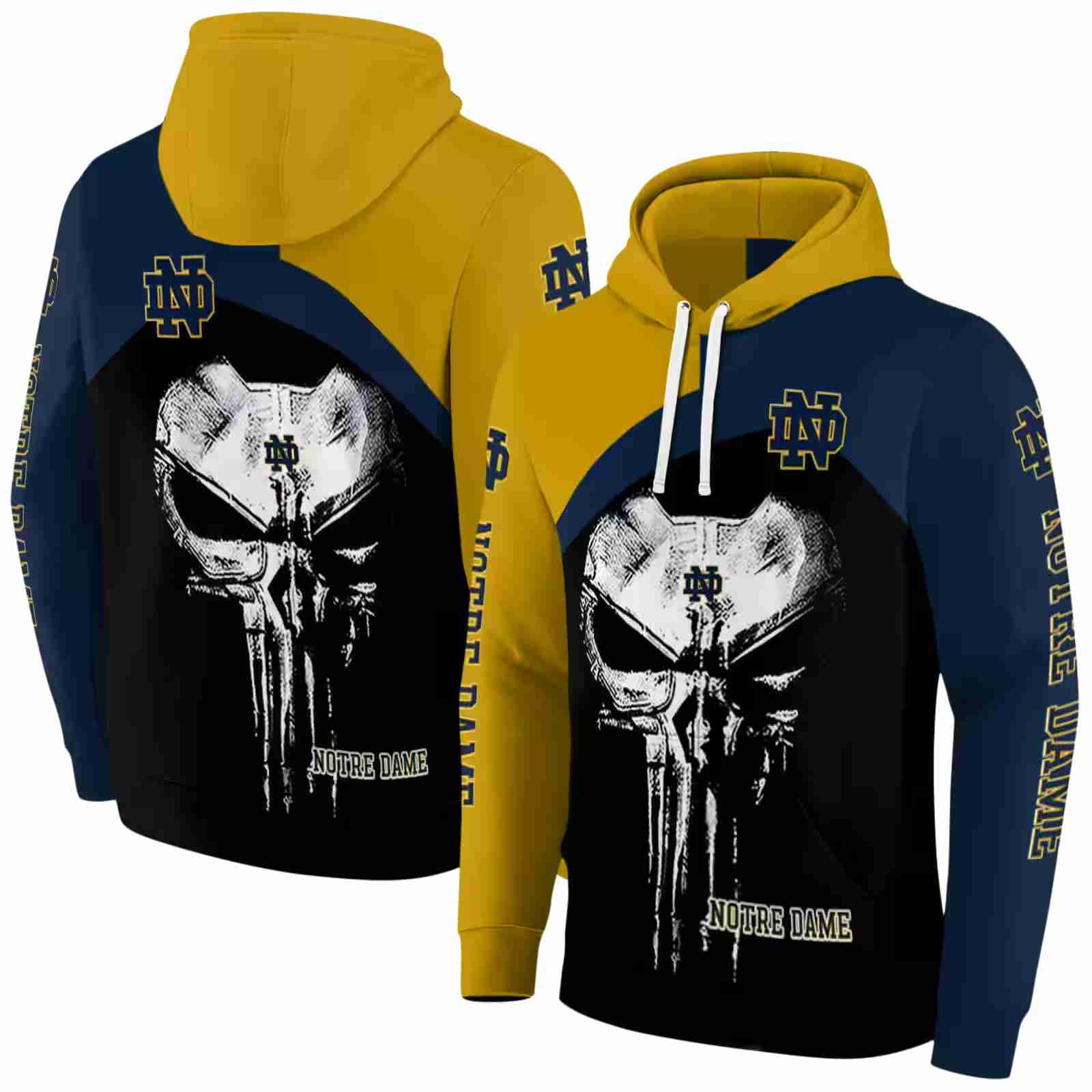 notre dame fighting irish skull punisher gold black hoodie fashion forward