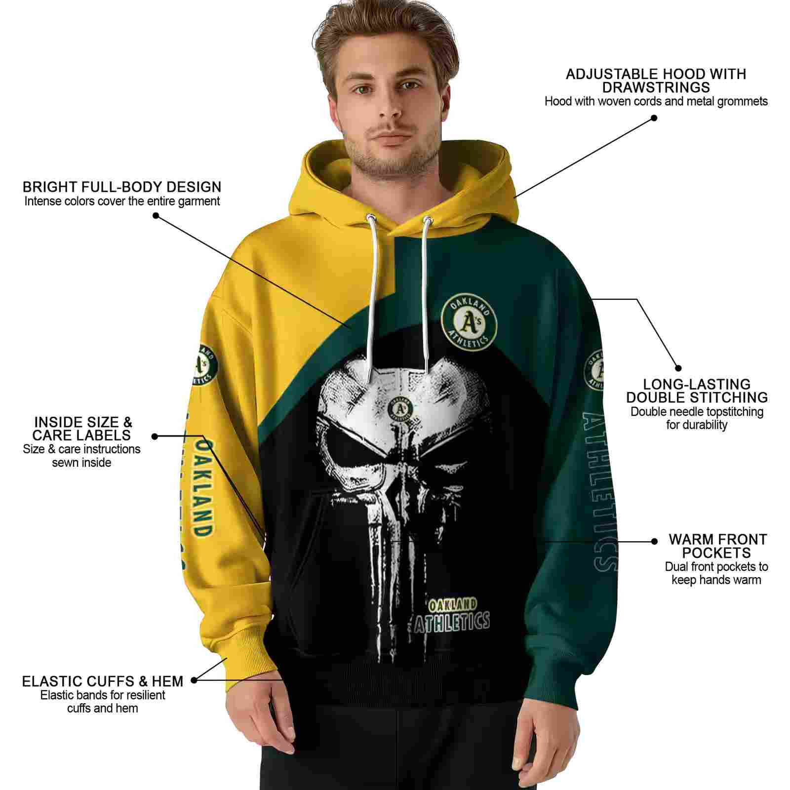 oakland athletics skull punisher gold black hoodie latest model