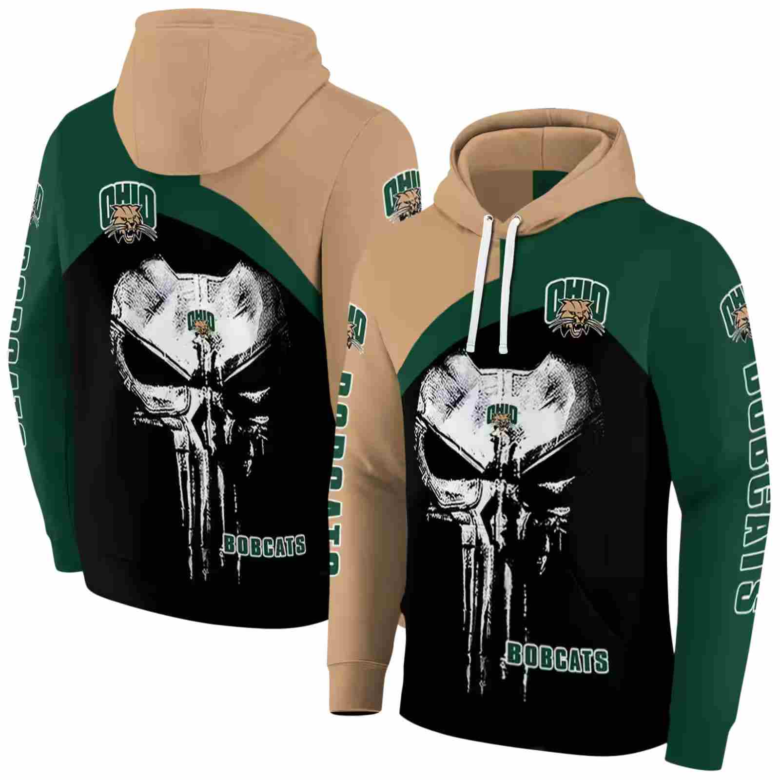 ohio bobcats skull punisher tan black hoodie fashion forward