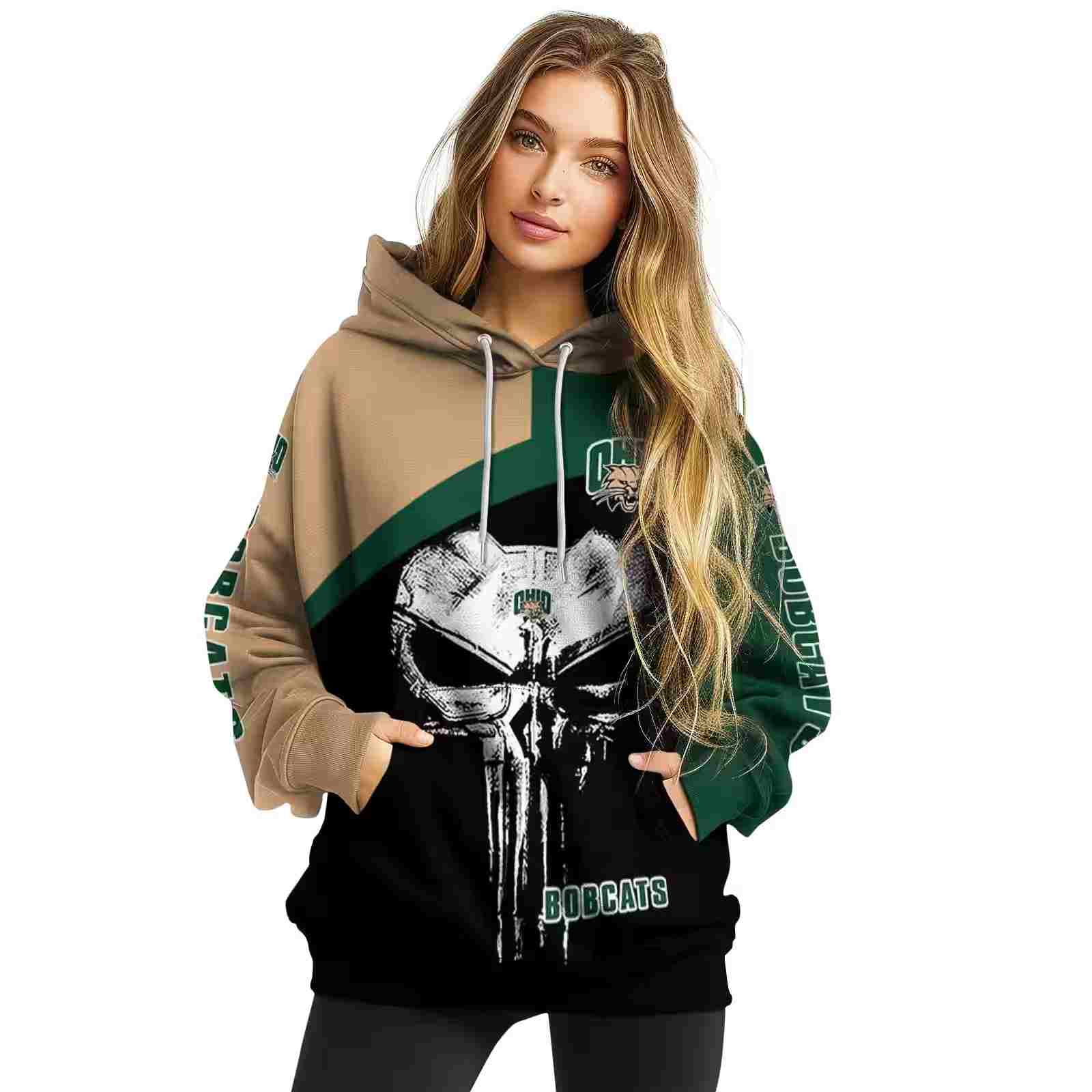 ohio bobcats skull punisher tan black hoodie high quality