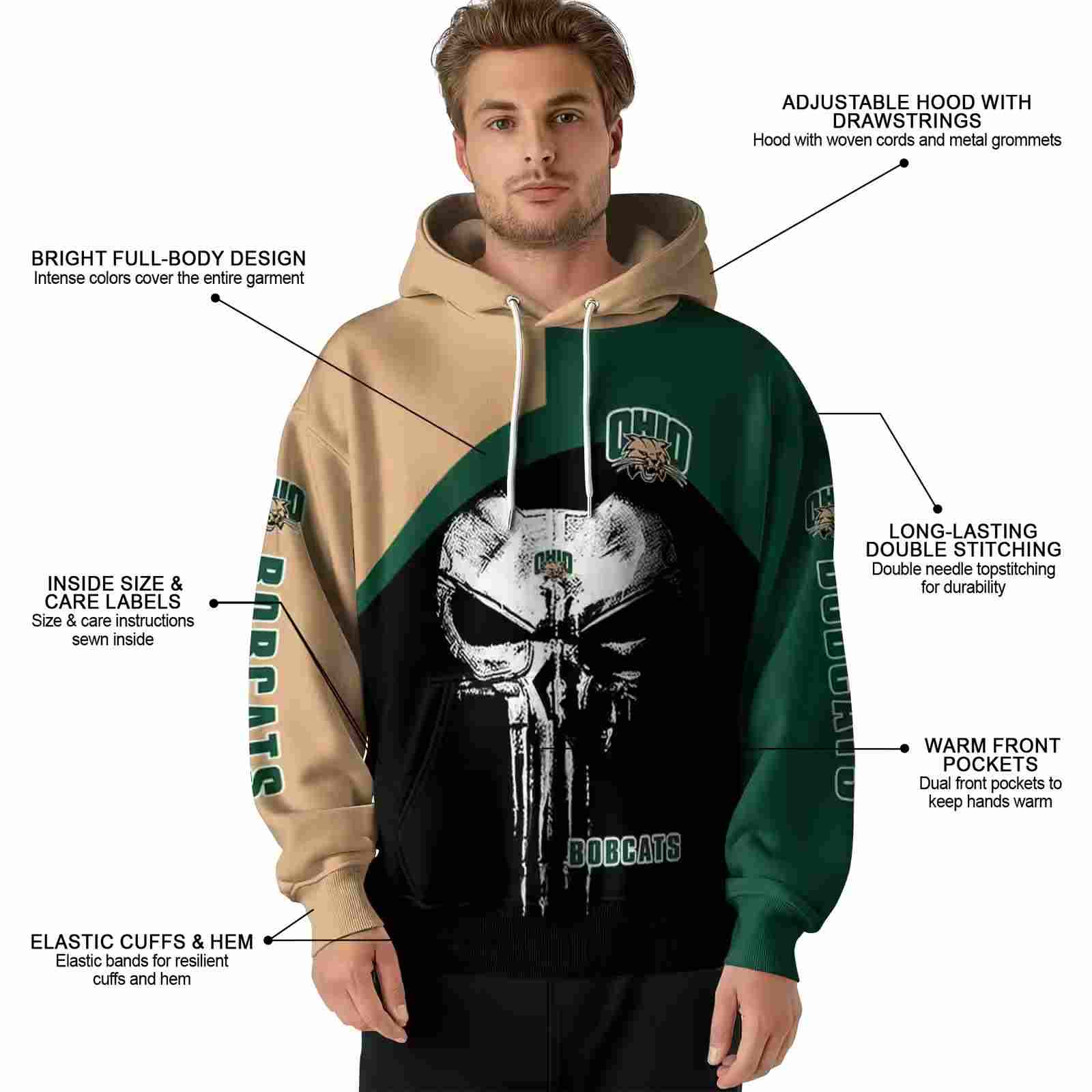 ohio bobcats skull punisher tan black hoodie latest model