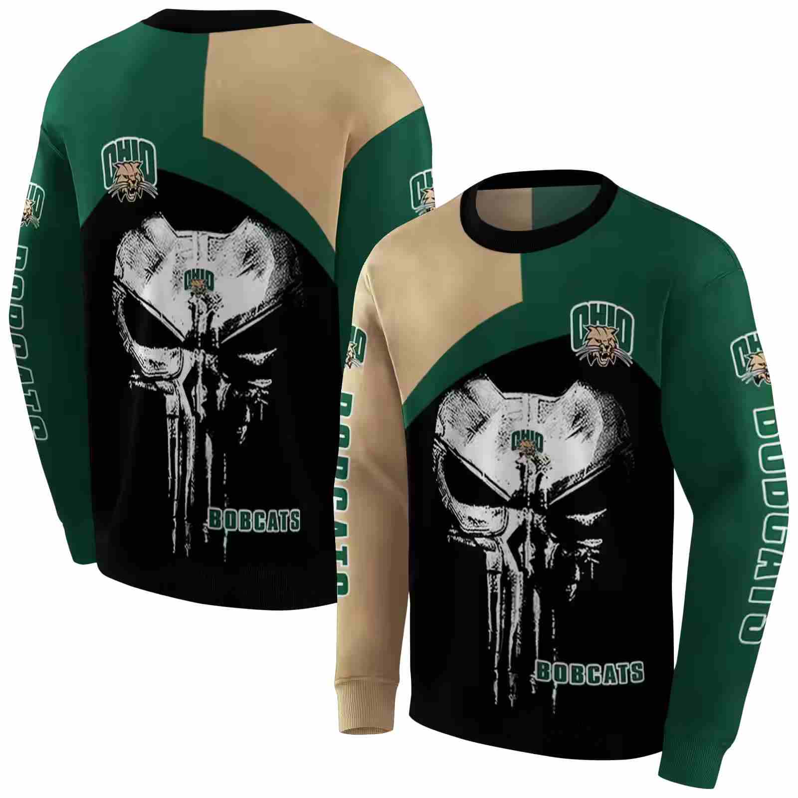 ohio bobcats skull punisher tan black hoodie premium grade