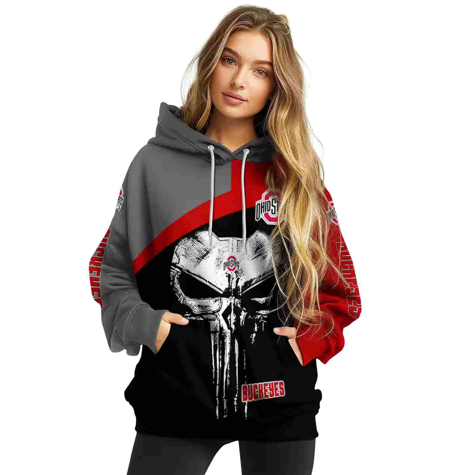 ohio state buckeyes skull punisher gray black hoodie high quality