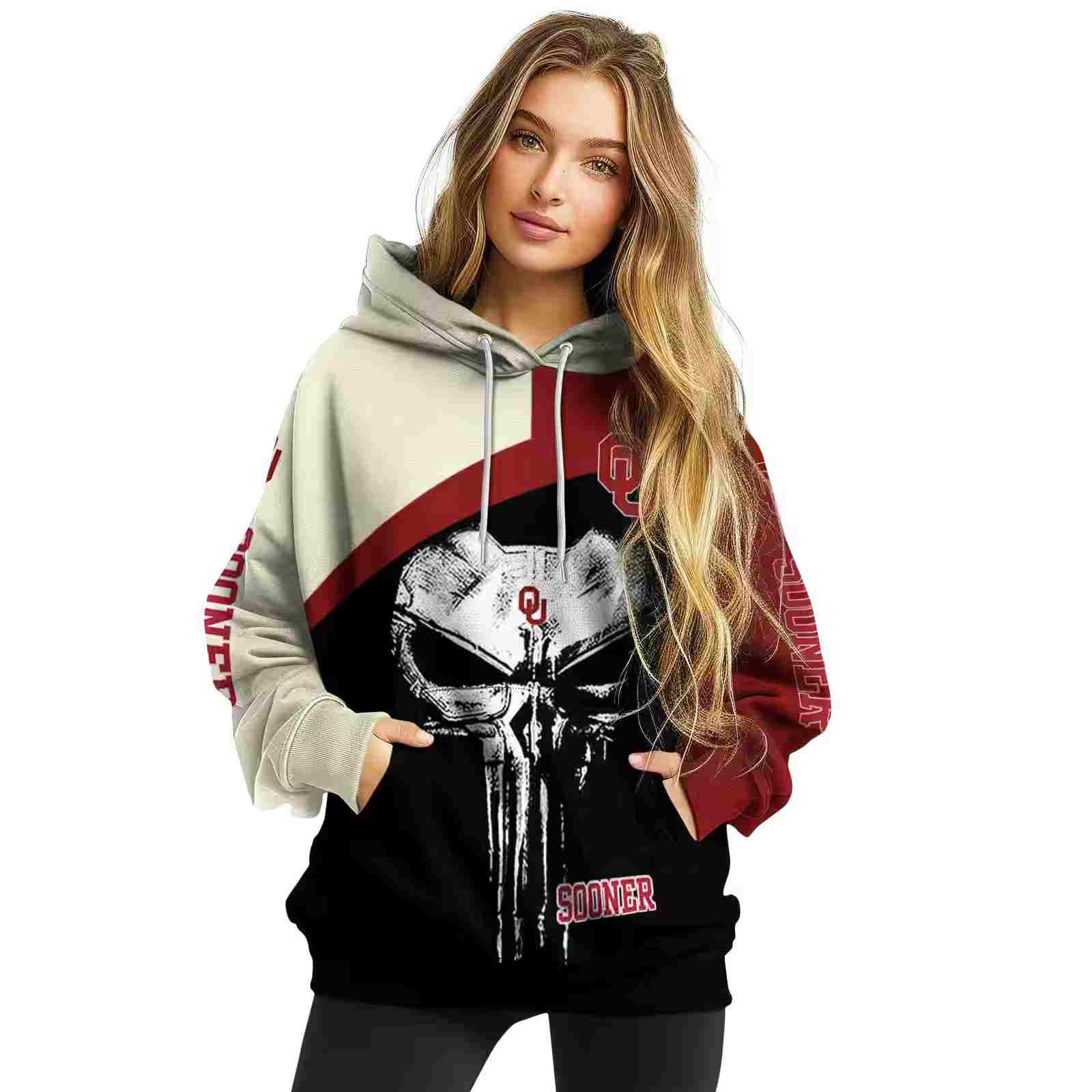 oklahoma sooners skull punisher cream black hoodie high quality